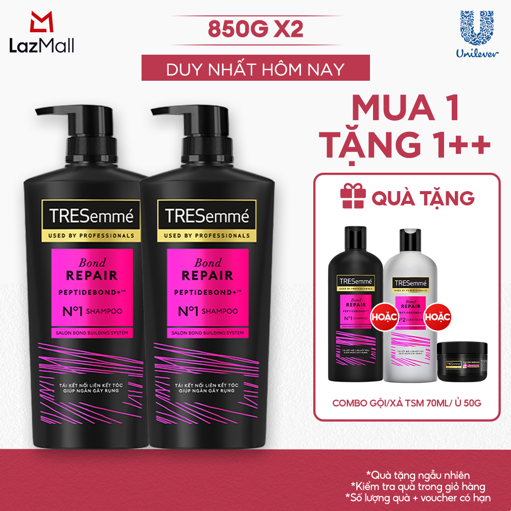 Combo 2 Dầu Gội TRESemmé Bond Repair Peptidebond+ Cho Tóc Hư Tổn Do Tạo Kiểu Giúp Ngăn Gãy Rụng (850gx2)