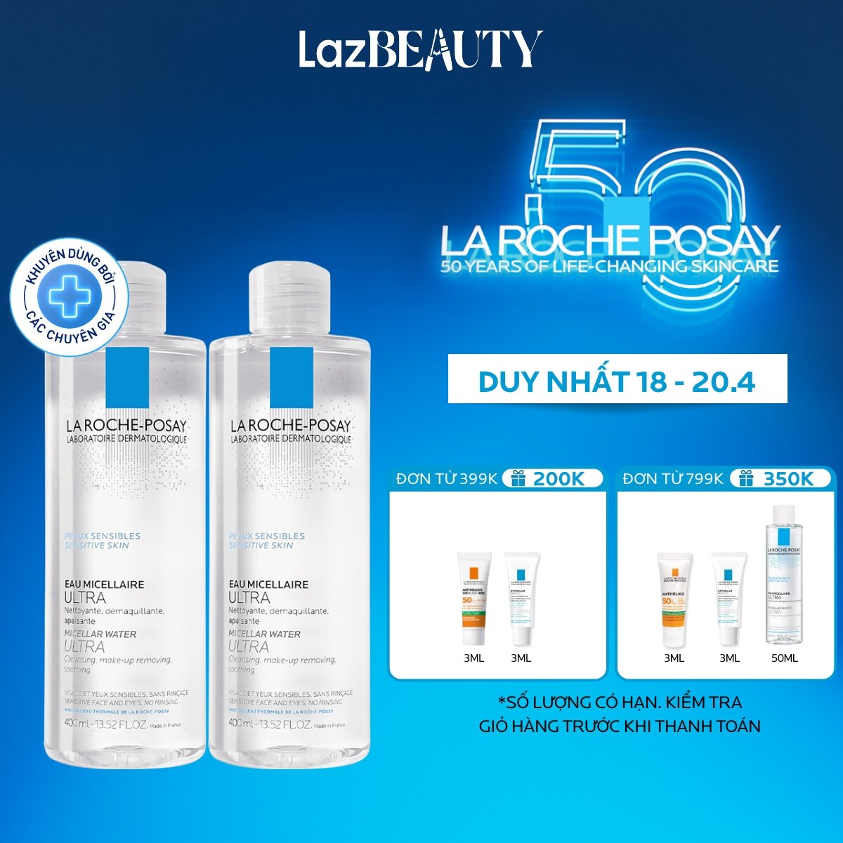 Bộ đôi nước làm sạch sâu và tẩy trang cho da nhạy cảm La Roche-Posay Micellar Water Ultra Sensitive Skin 400ml