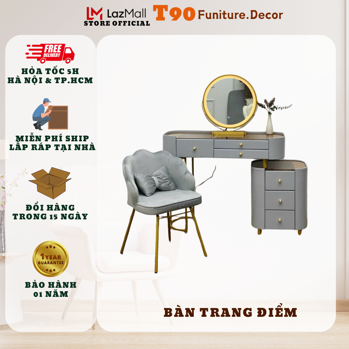 Bàn trang điểm thông minh t90 md1. gương đèn led cảm ứng 3 màu. nhập khẩu cao cấp hiện đại