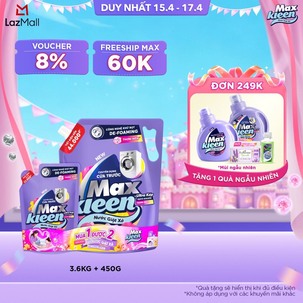 [Tặng kèm nước giặt 450g ngẫu nhiên] Nước giặt xả cho máy giặt cửa trước MaxKleen hương Dấu Ấn Ngọt Ngào 3.6kg