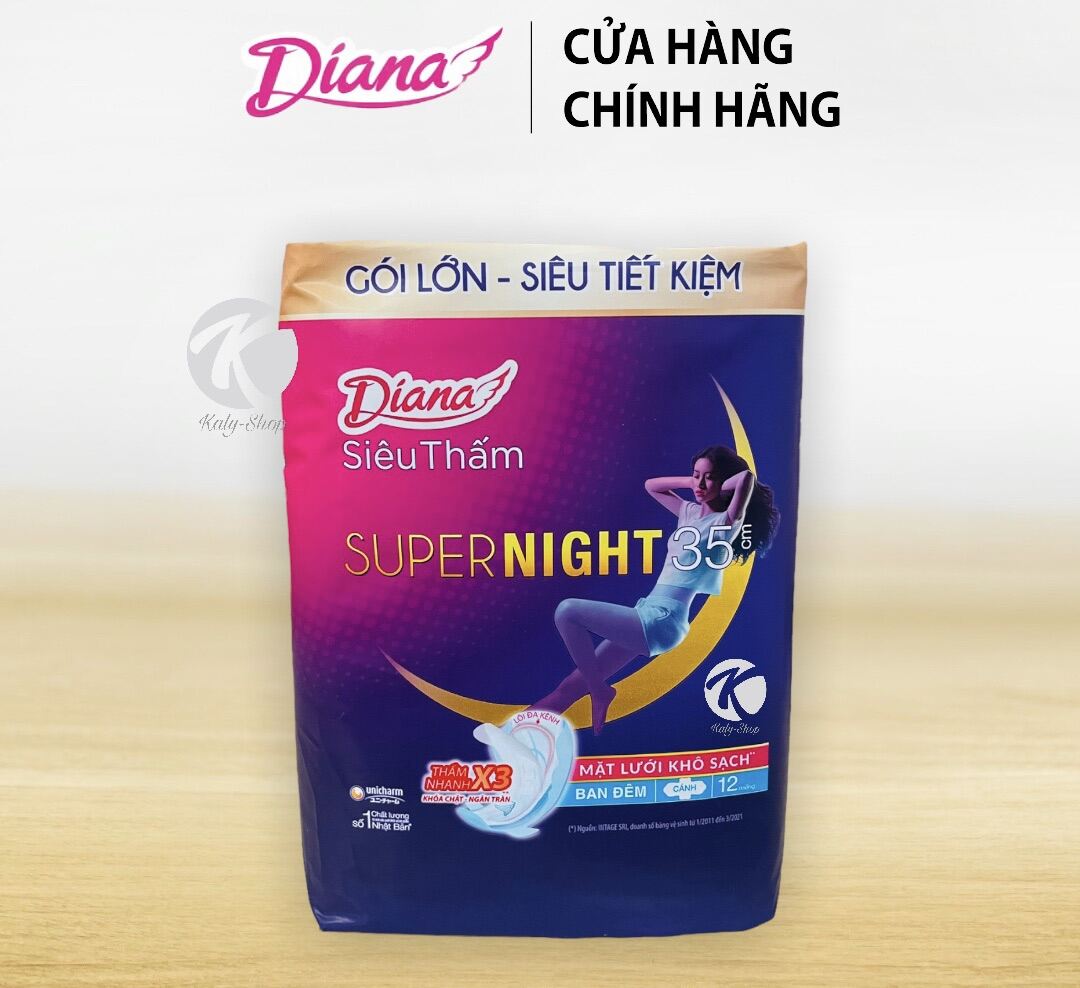 Băng vệ sinh ban đêm Diana Super Night siêu thấm chống tràn 12 miếng 35cm