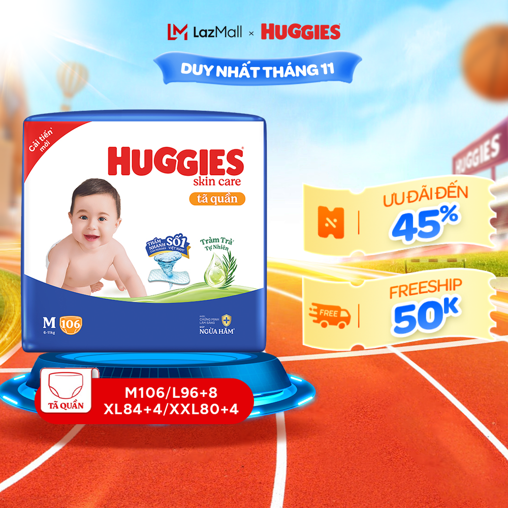 [Tặng miếng tã] Tã quần Huggies Skincare Mega Jumbo M106/L96+8/XL84+4/XXL76+4 với tràm trà dịu da