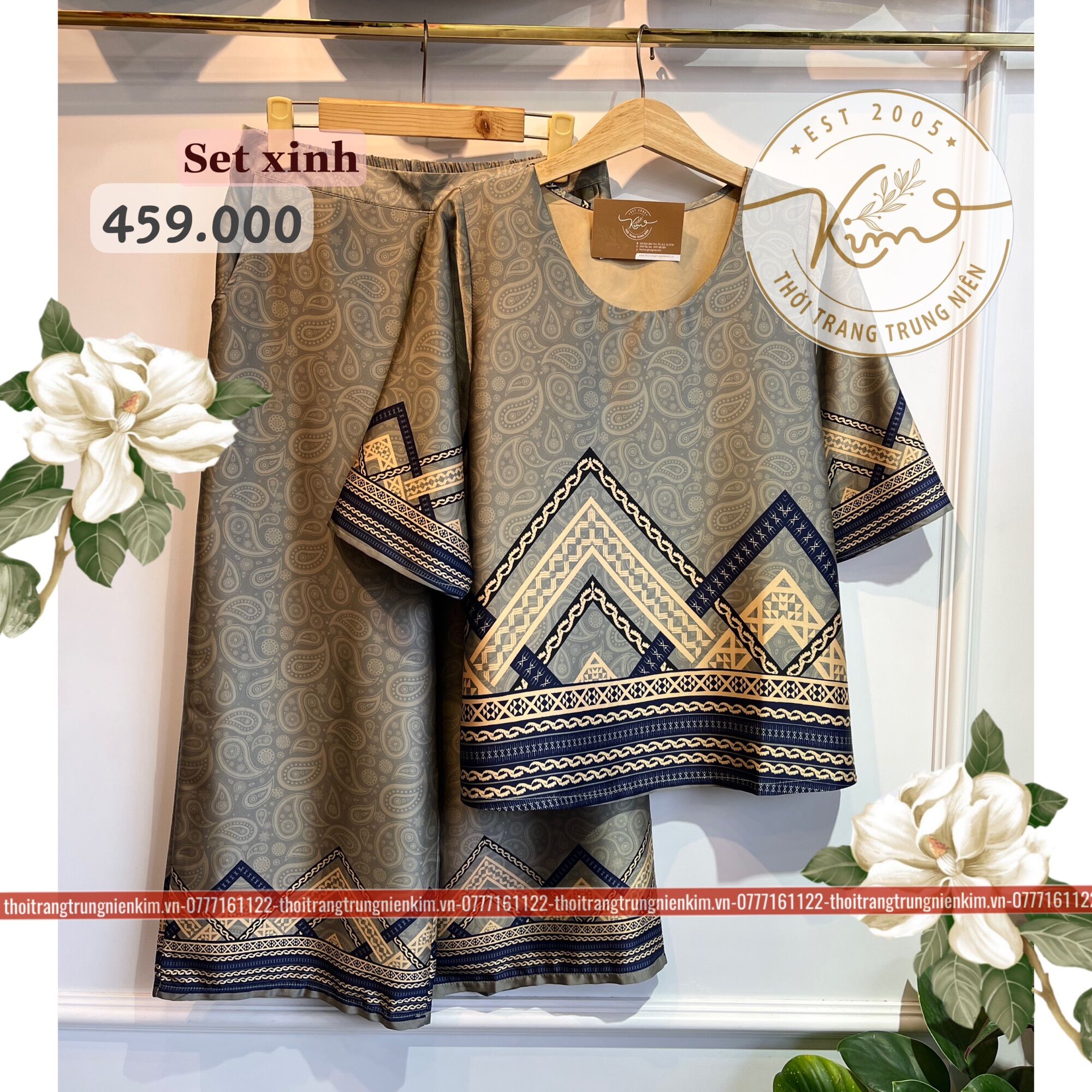Sét bộ lụa trung niên cao cấp hoa văn hoạ tiết Tribal sang trọng Bigsize quần dài 85c