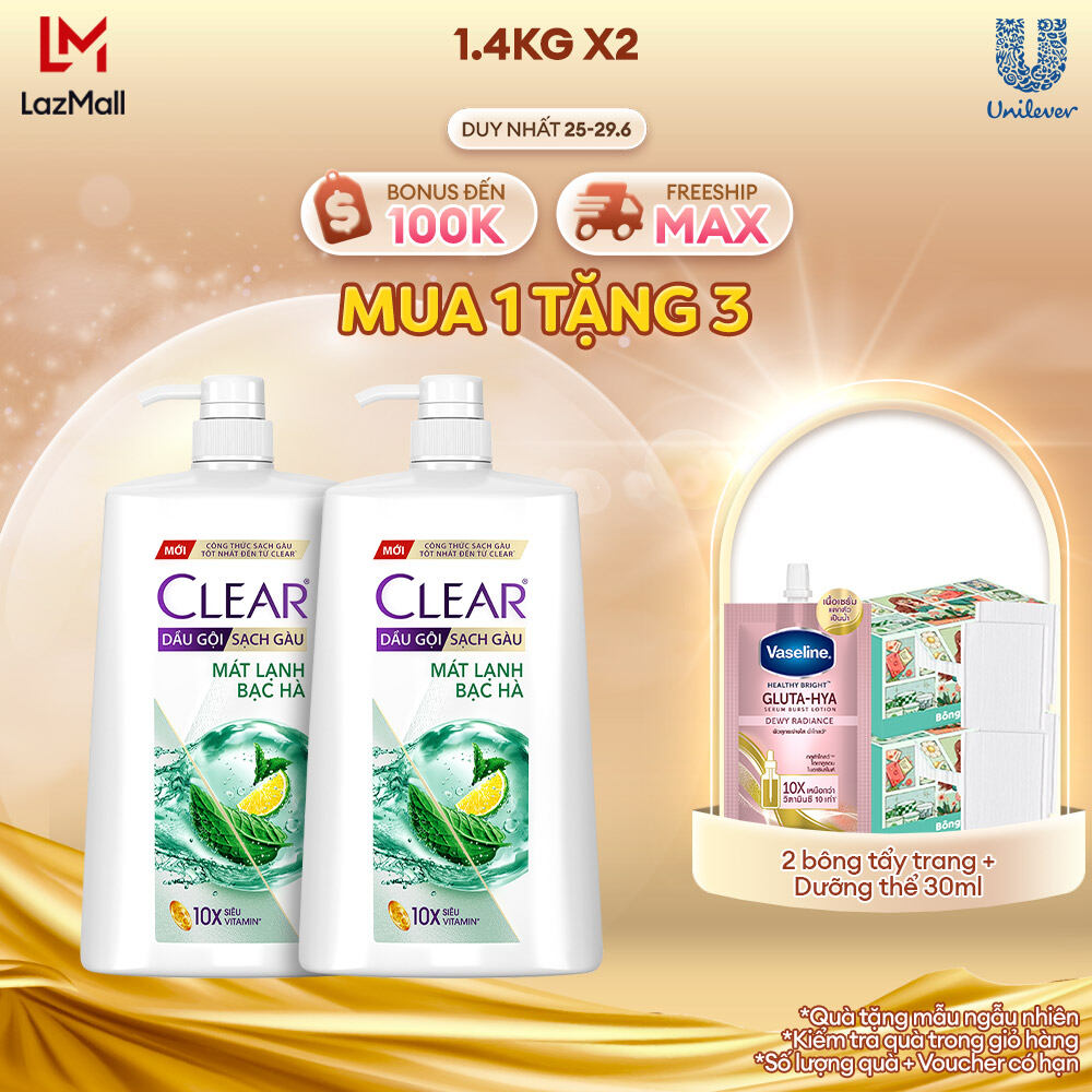 Combo 2 Dầu gội CLEAR Bạc hà Dầu gội Sạch gàu Mát lạnh với 3X Sức mạnh đánh bay Gàu, Ngứa và Vi Khuẩn 1.4kg