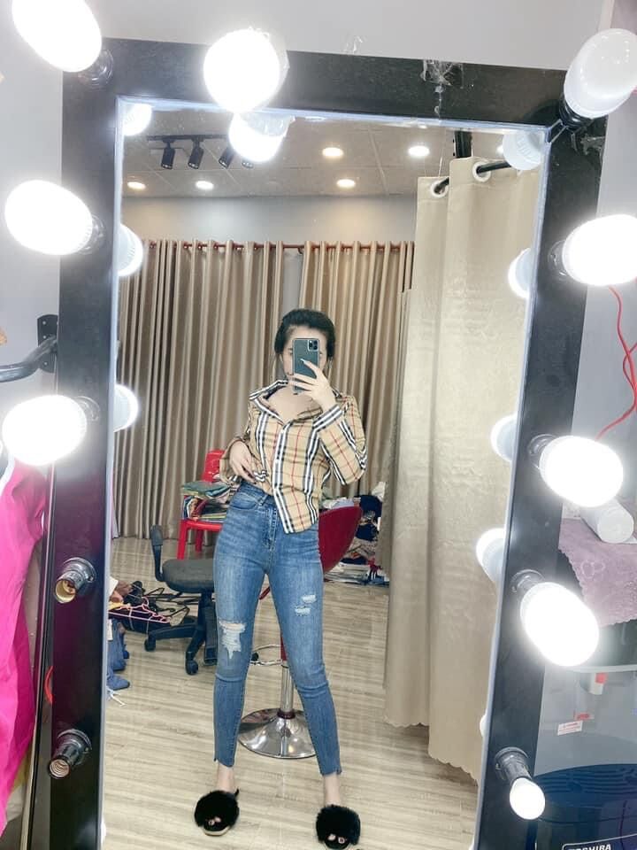 quần bò ôm cạp cao rách cắt gấu xanh