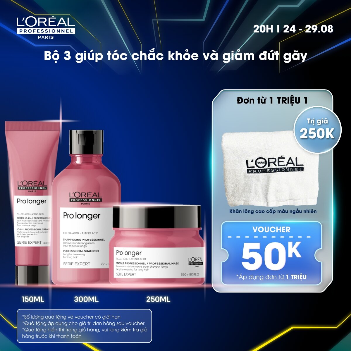 Combo Dầu gội 300ml, Dầu hấp 250ml & Kem dưỡng 150ml dưỡng tóc dài mềm mượt, chắc khỏe, giảm đứt gãy, chẻ ngọn L'Oréal Professionnel Serie Expert Pro Longer - Dành cho tóc dài, dễ đứt gãy, chẻ ngọn