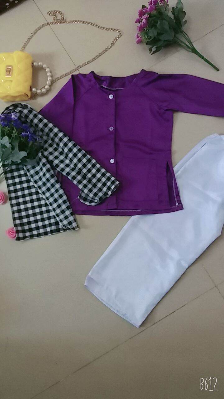 Set bà ba lụa satin tím kèm khăn rằn xinh yêu