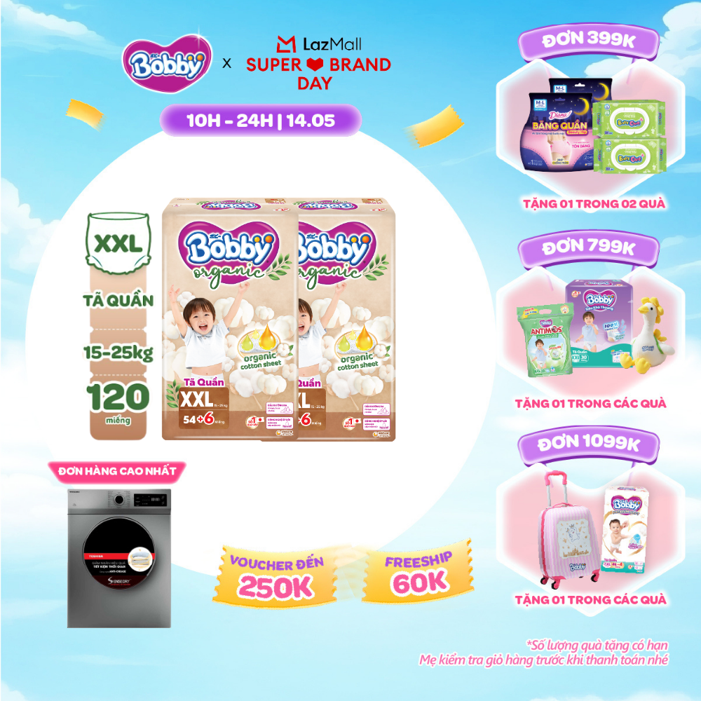 [SALE GIỮA THÁNG tặng QUÀ TO-SLCH][COMBO 2][TẶNG KÈM 6 MIẾNG] Tã quần cao cấp Bobby Organic chăm sóc dịu nhẹ từ thiên nhiên XXL54