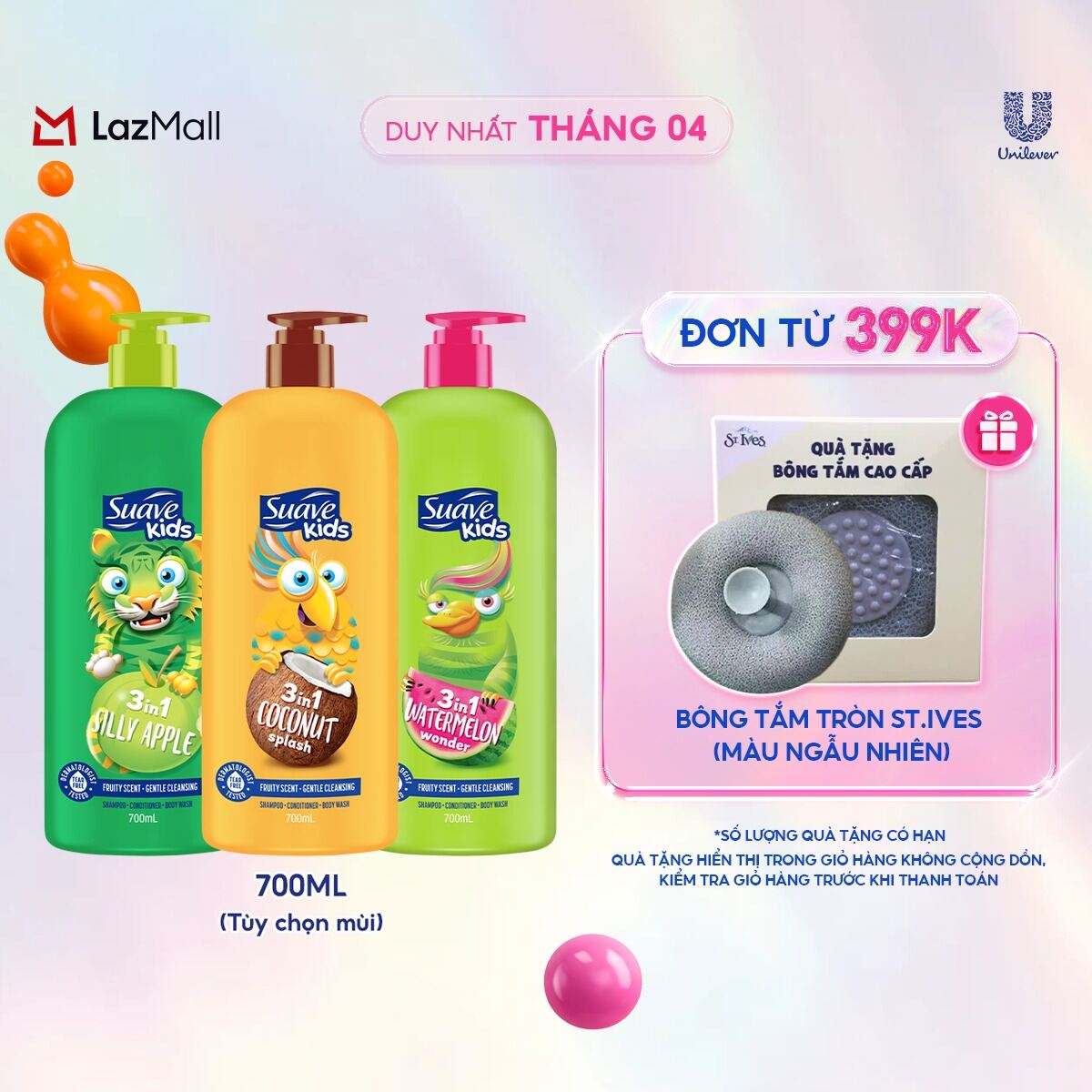 Sữa tắm gội trẻ em Suave Kids 3 trong 1 700ml (Hương Táo/Dưa Hấu/Dừa)