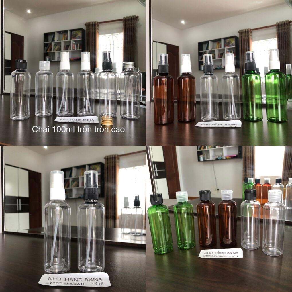 50 Chai hủ nhựa 100ml nắp bật / xịt sương / xịt giọt / nắp nhôm- Chai pet Nâu/ xanh lá/ trong