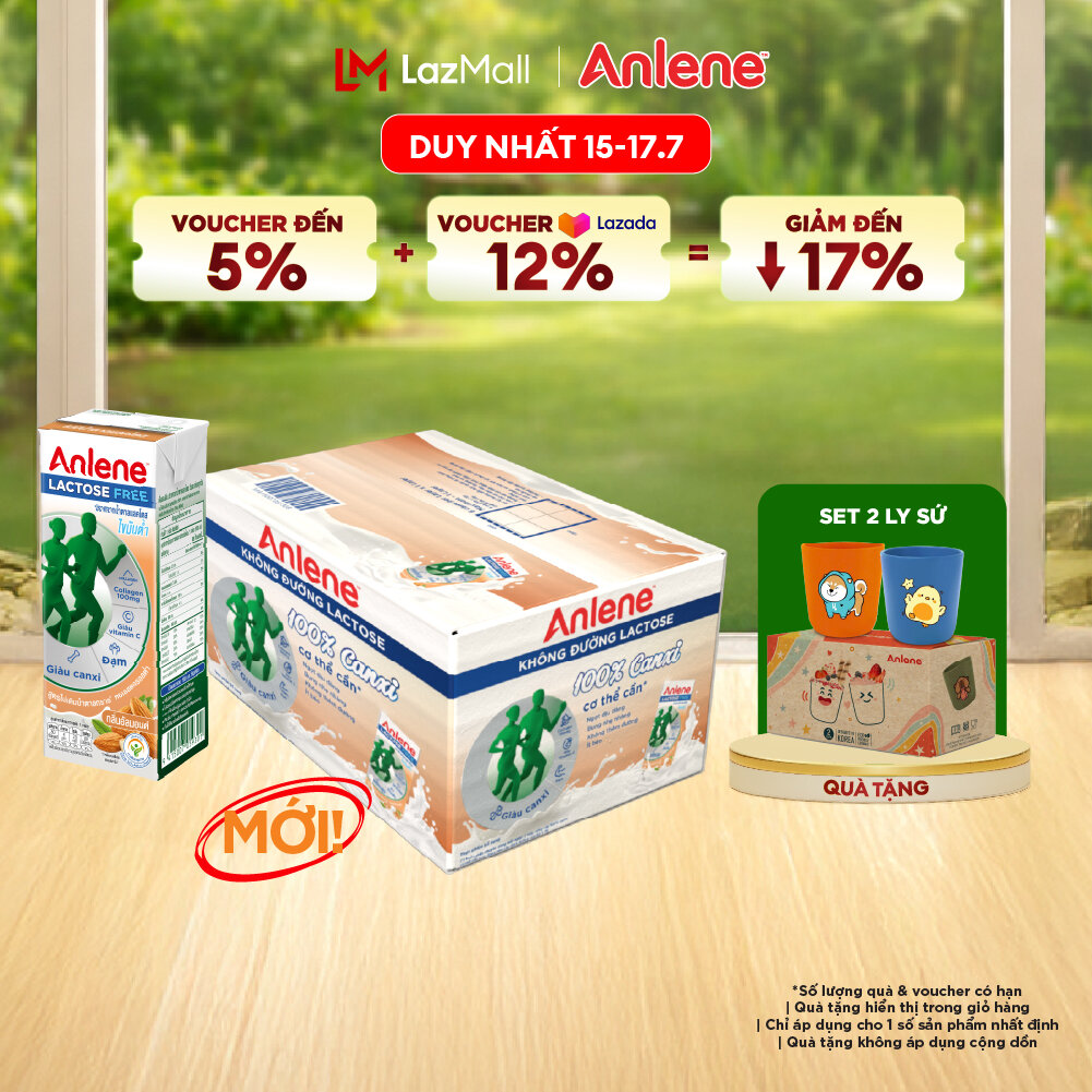 Thùng 18 hộp sữa Anlene không đường Lactose vị hạnh nhân 180ml