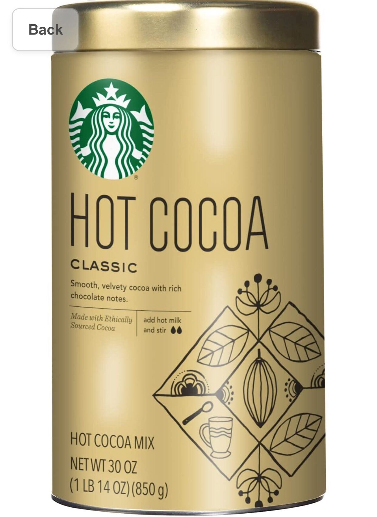 Bột cacao Starbucks Hot Cocoa Mix Classic của Mỹ hộp 850gr