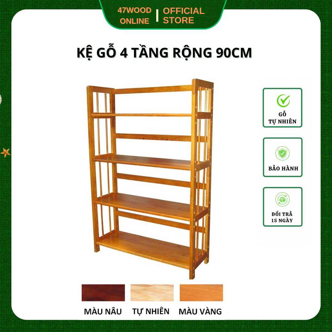 Kệ sách 4 tầng rộng 90cm 47wood gỗ cao su có tăng chỉnh độ cao
