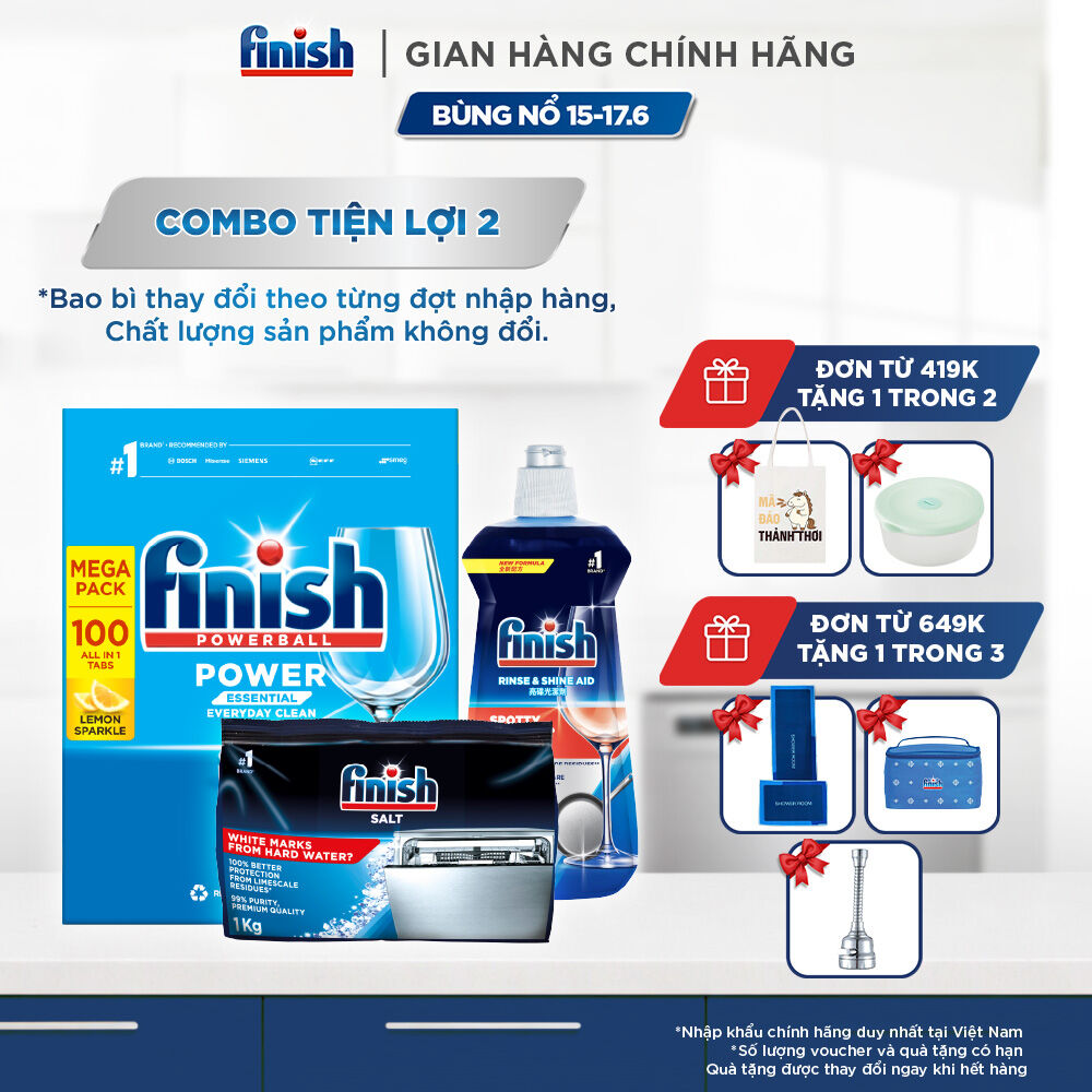 Combo Finish tiện lợi 2: Hộp 100 Viên Rửa Bát Finish Essential + Nước Làm Bóng 500ml + Muối Rửa Chén