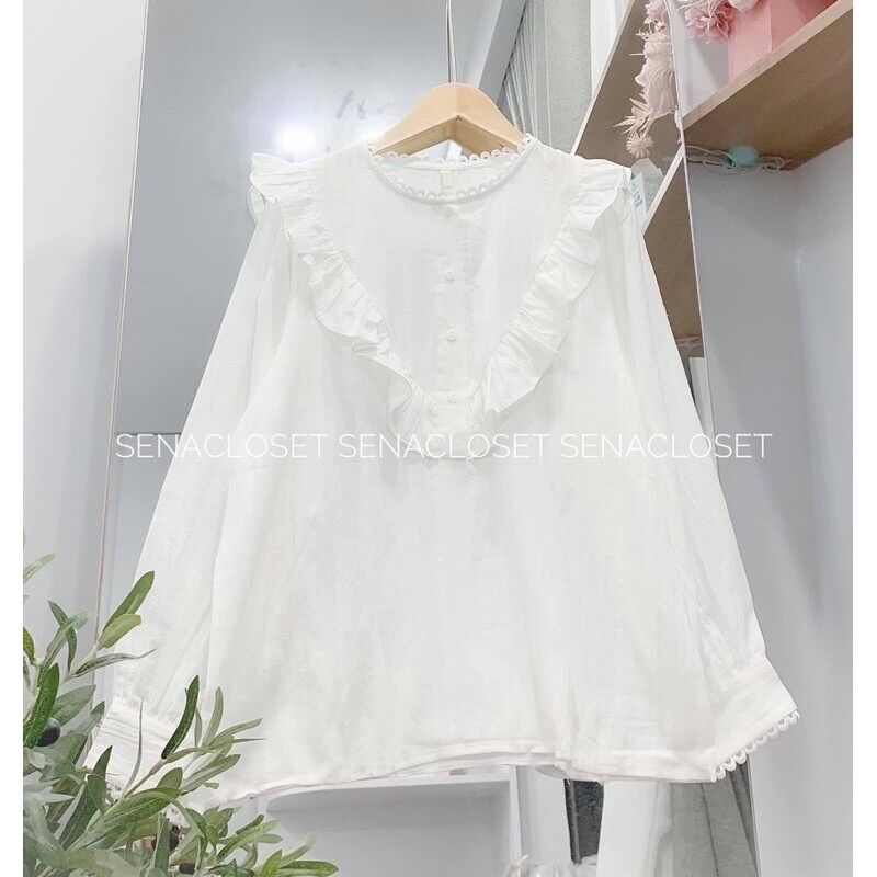 Senacloset - Áo sơmi Trắng viền Ren cổ Tam giác