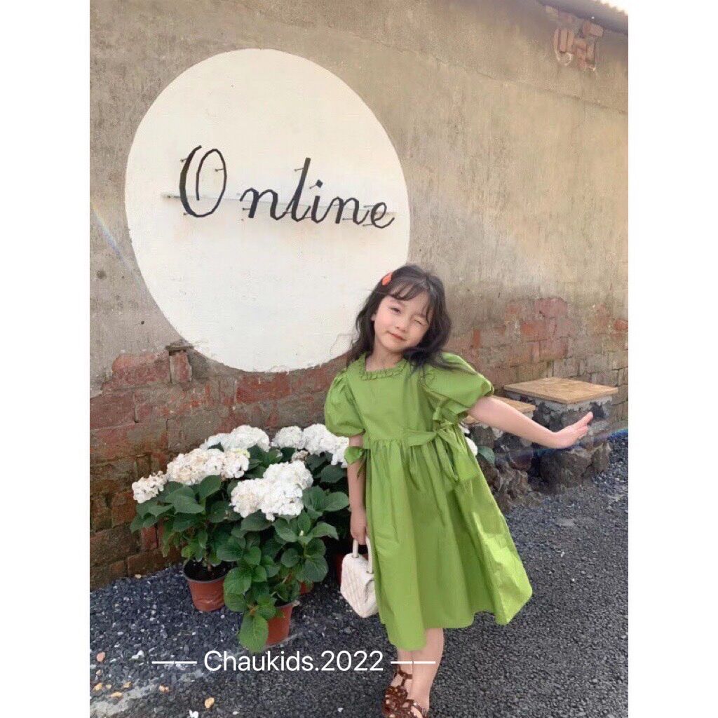 Váy xanh nơ buộc eo cổ bèo bé gái