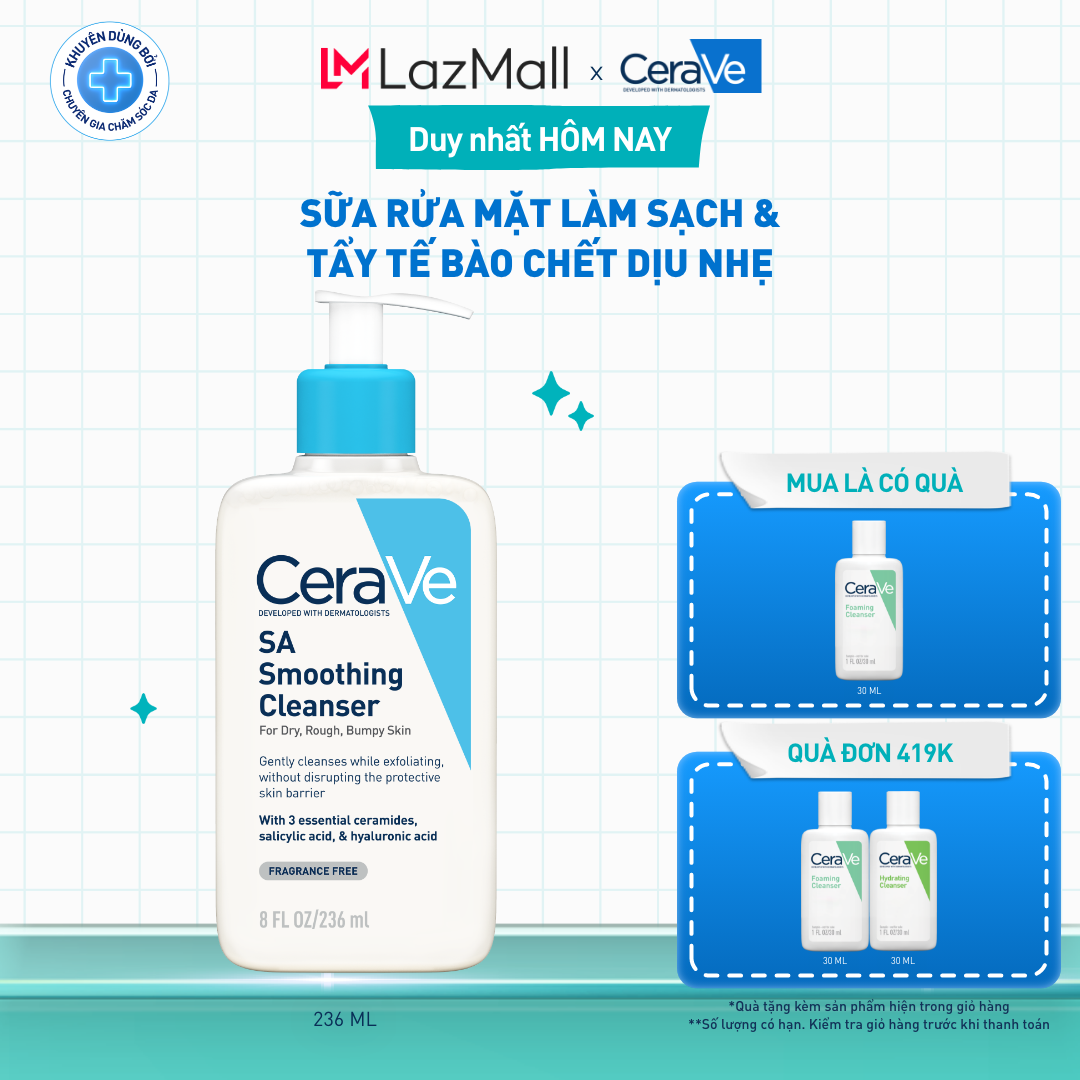 Sữa rửa mặt làm sạch da, loại bỏ dầu thừa và tẩy tế bào chết dịu nhẹ không gây khô da CeraVe SA Smoothing Cleanser 236ML