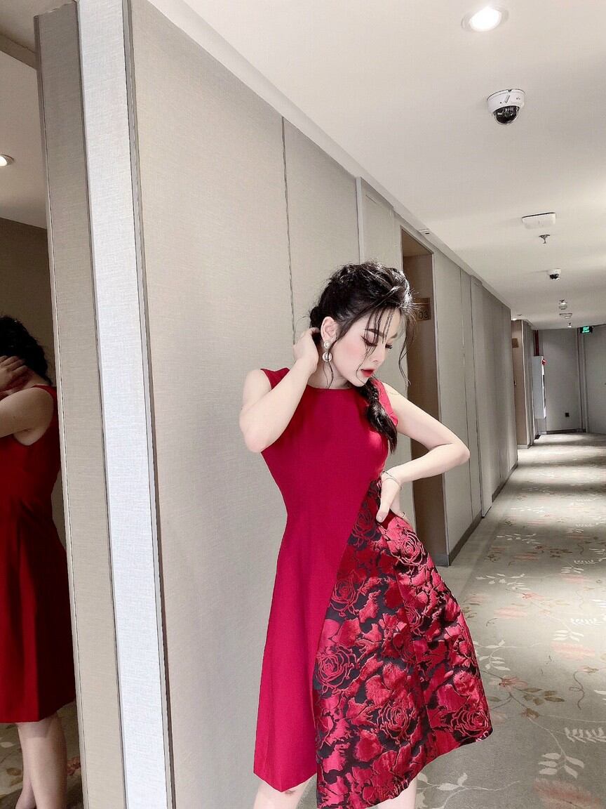 Đầm xoè gấm phối màu cao cấp