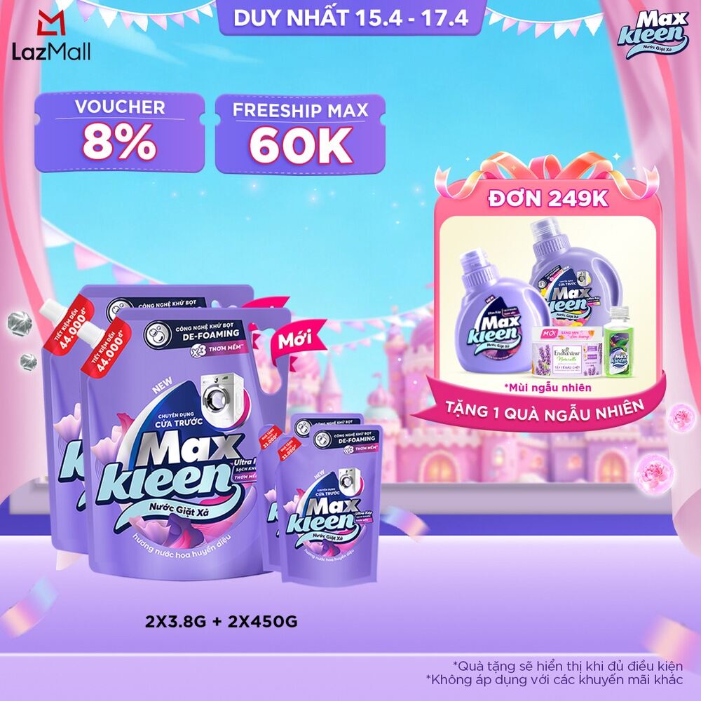 [Tặng kèm 2 túi nước giặt xả 450g ngẫu nhiên] Combo 2 túi Nước giặt xả cho máy giặt MaxKleen hương Huyền diệu 3.8kg
