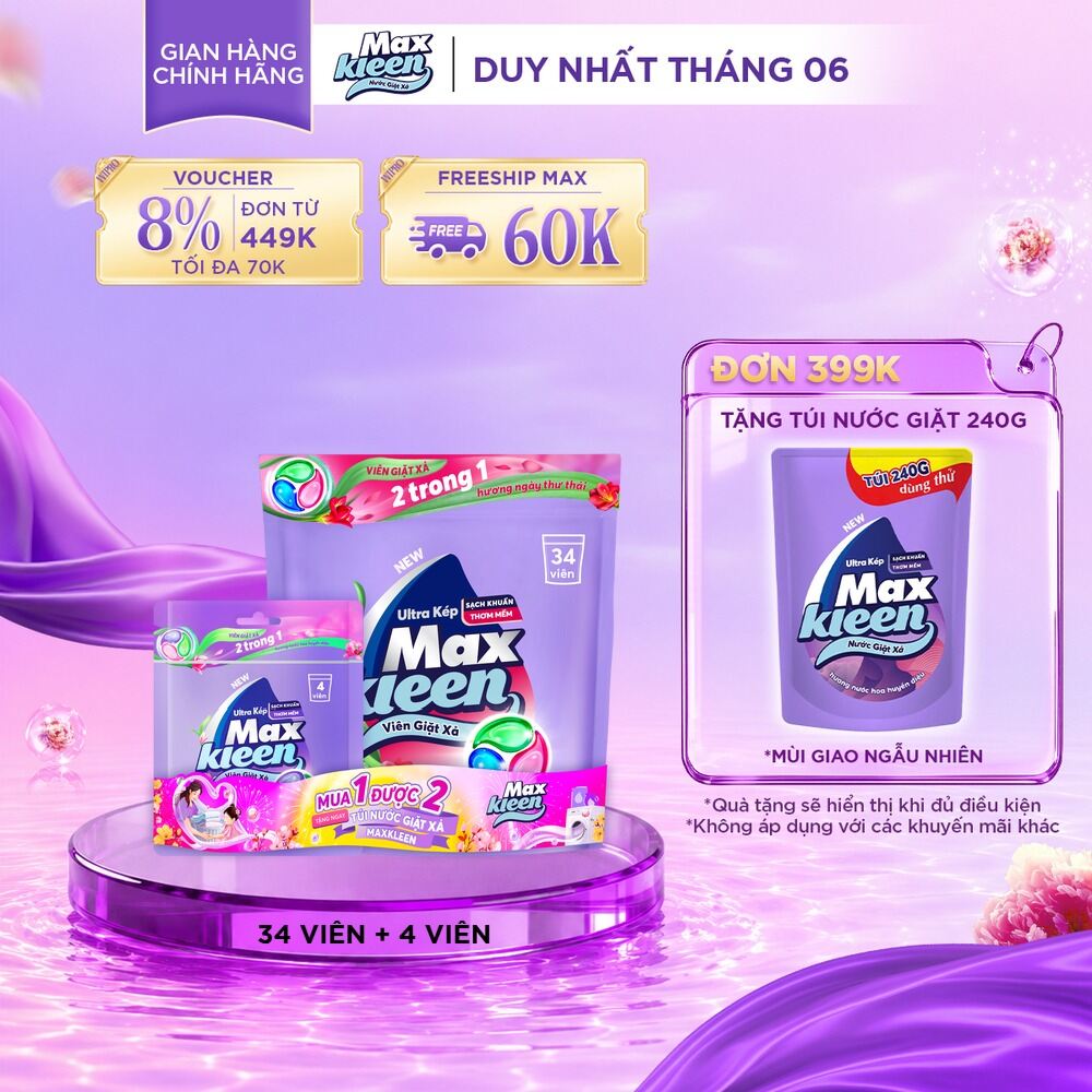 [TĂNG 4 VIÊN, GIÁ KHÔNG ĐỔI] Túi Viên Giặt Xả MaxKleen Hương Ngày Thư Thái (Túi 34+4 Viên)