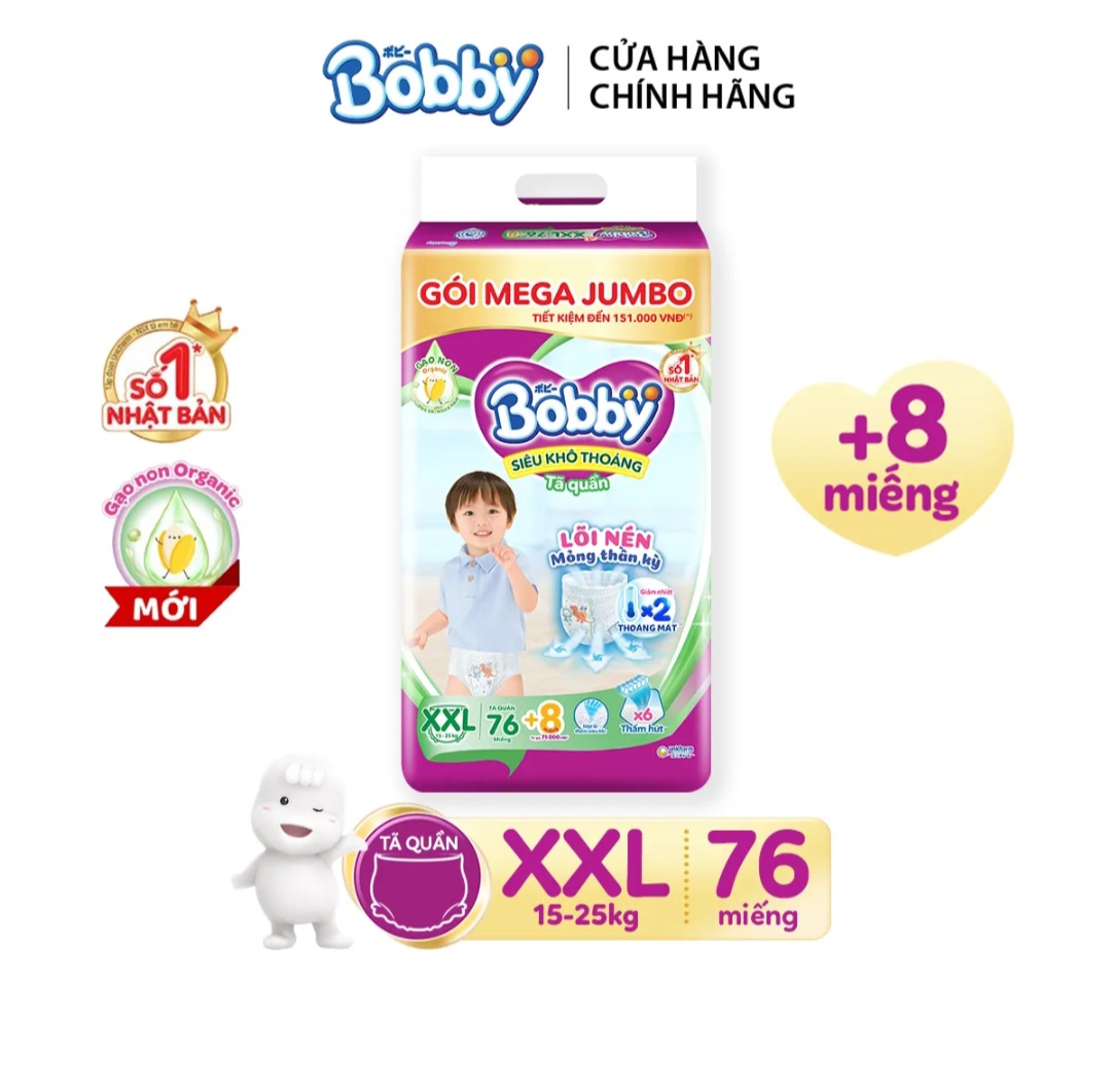 Tã/bỉm quần bobby mega jumbo size xxl76+8
