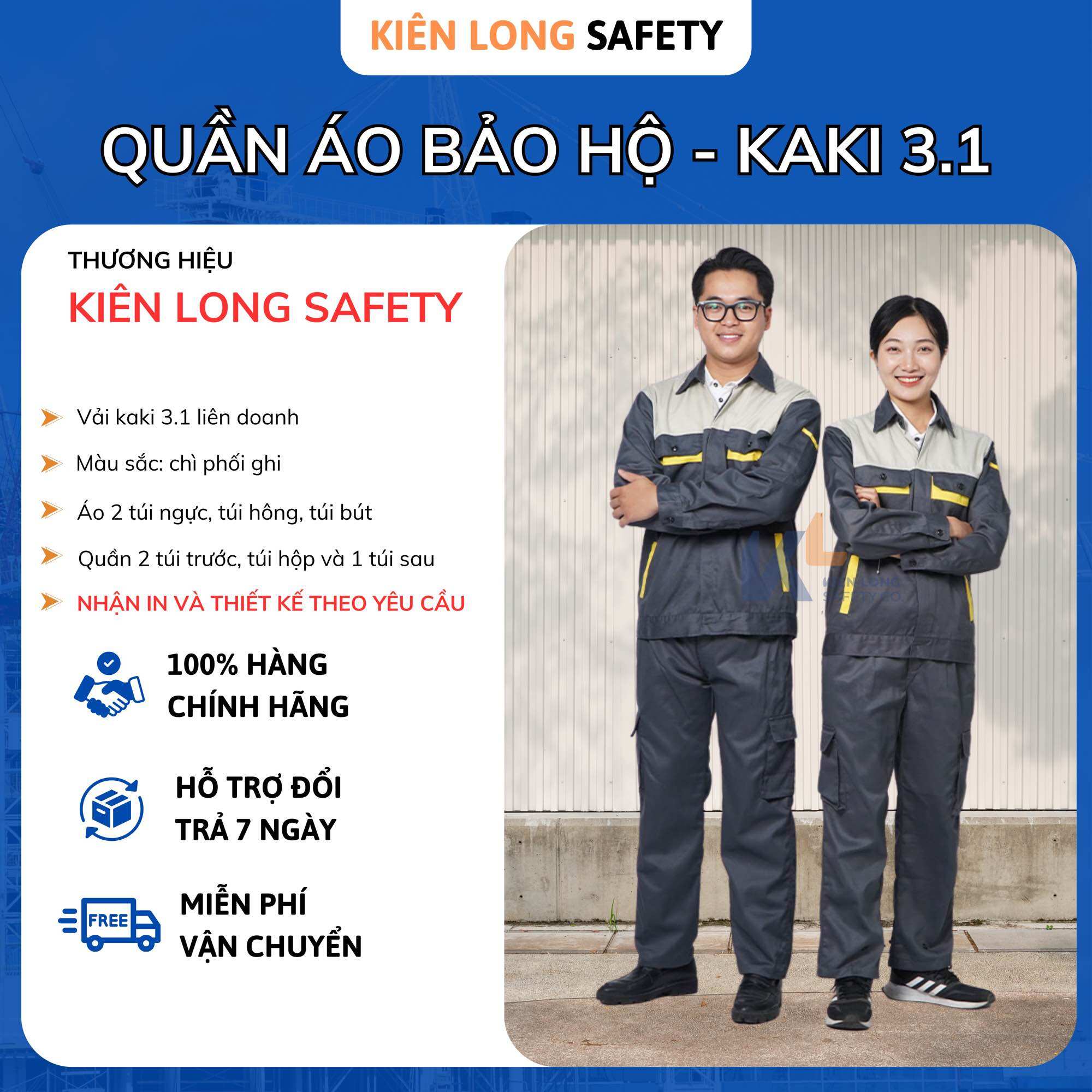 Quần áo bảo hộ lao động VF-002, Quần áo vải kaki 3.1 phối màu thời trang, vải dày dặn, thoáng mát