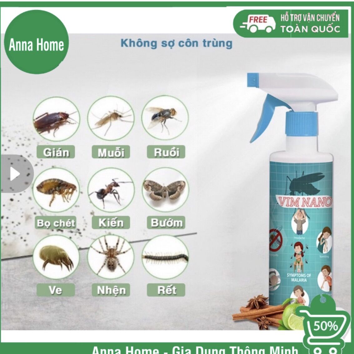 Bình xịt đuổi côn trùng Vim Nano đuổi ruồi, muỗi, côn trùng gây hại trong vòng 6 tháng, mùi hương dễ chịu chai 500ml