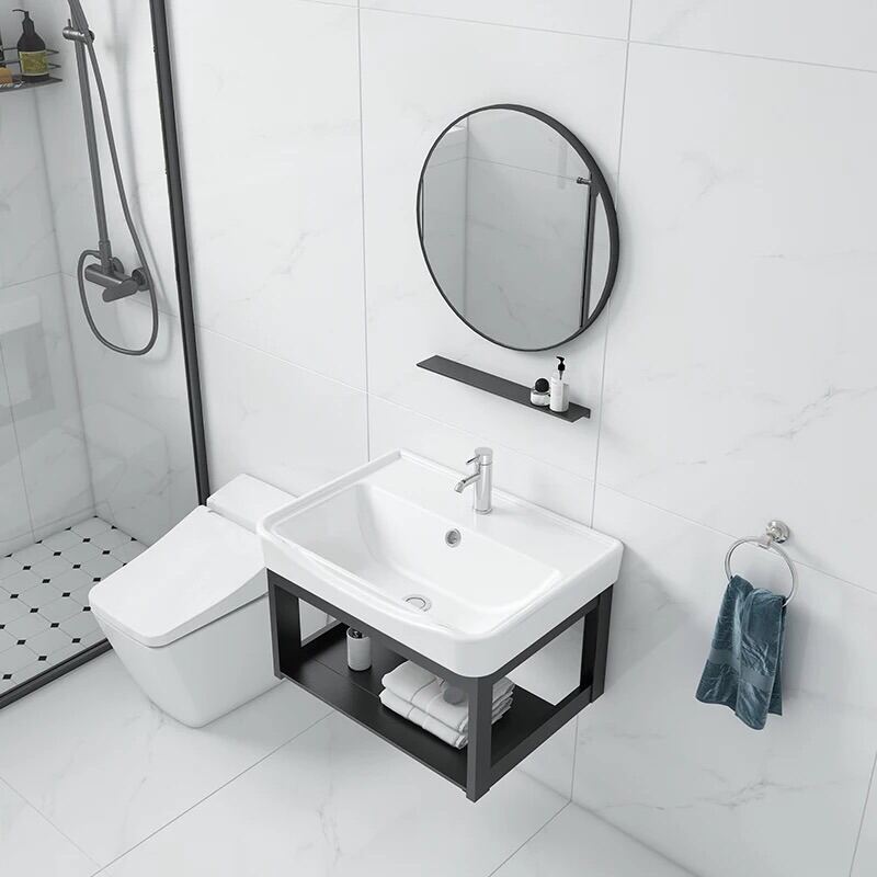 Combo Kệ Lavabo 4 món( gương kệ kính lavabo sứ âm khung chân đỡ nhôm sơn tĩnh điện đen)