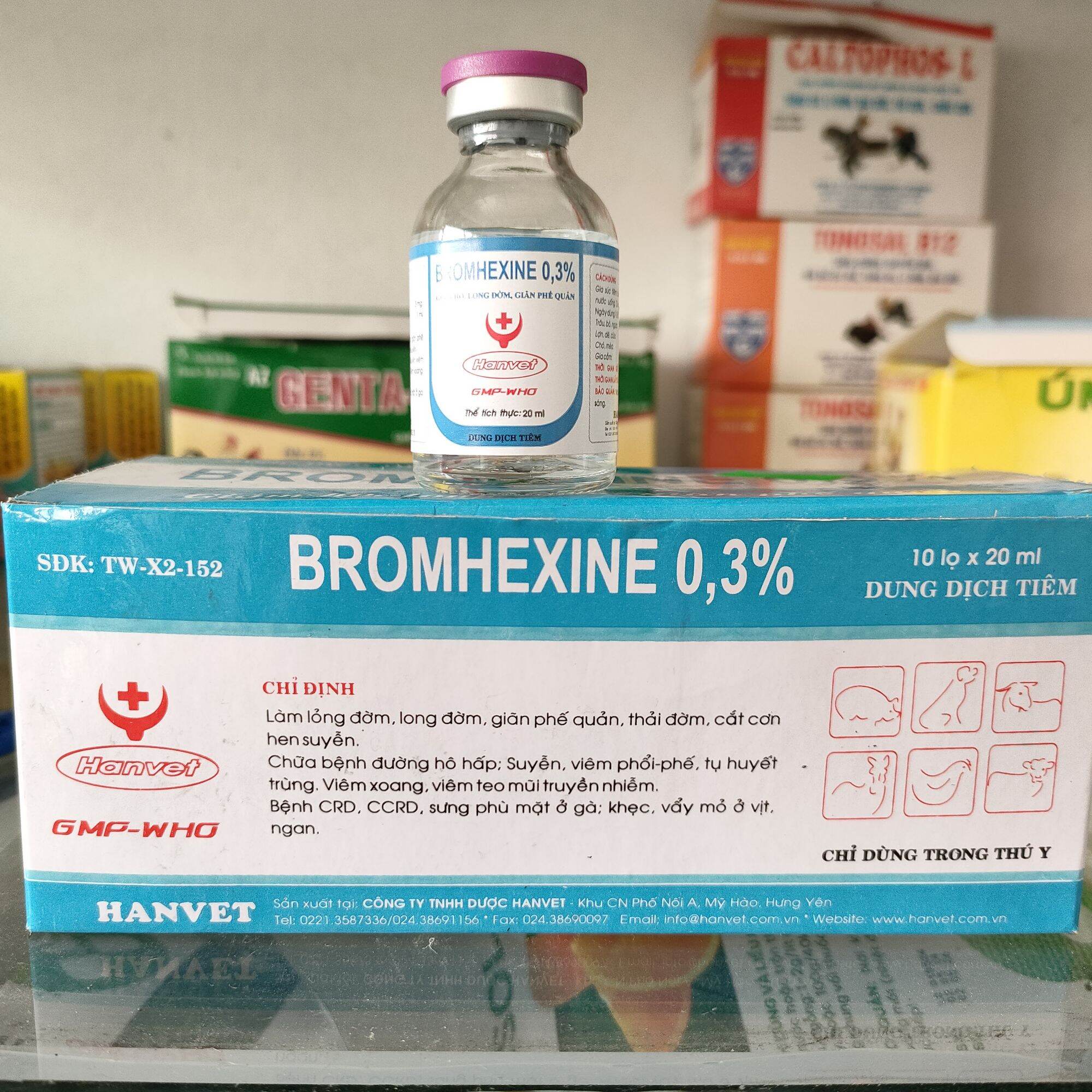 Brom 20ml/ Bromhexin 20ml long đờm, giãn phế quản, dễ thở cho gà, gà đá, vật nuôi khác.