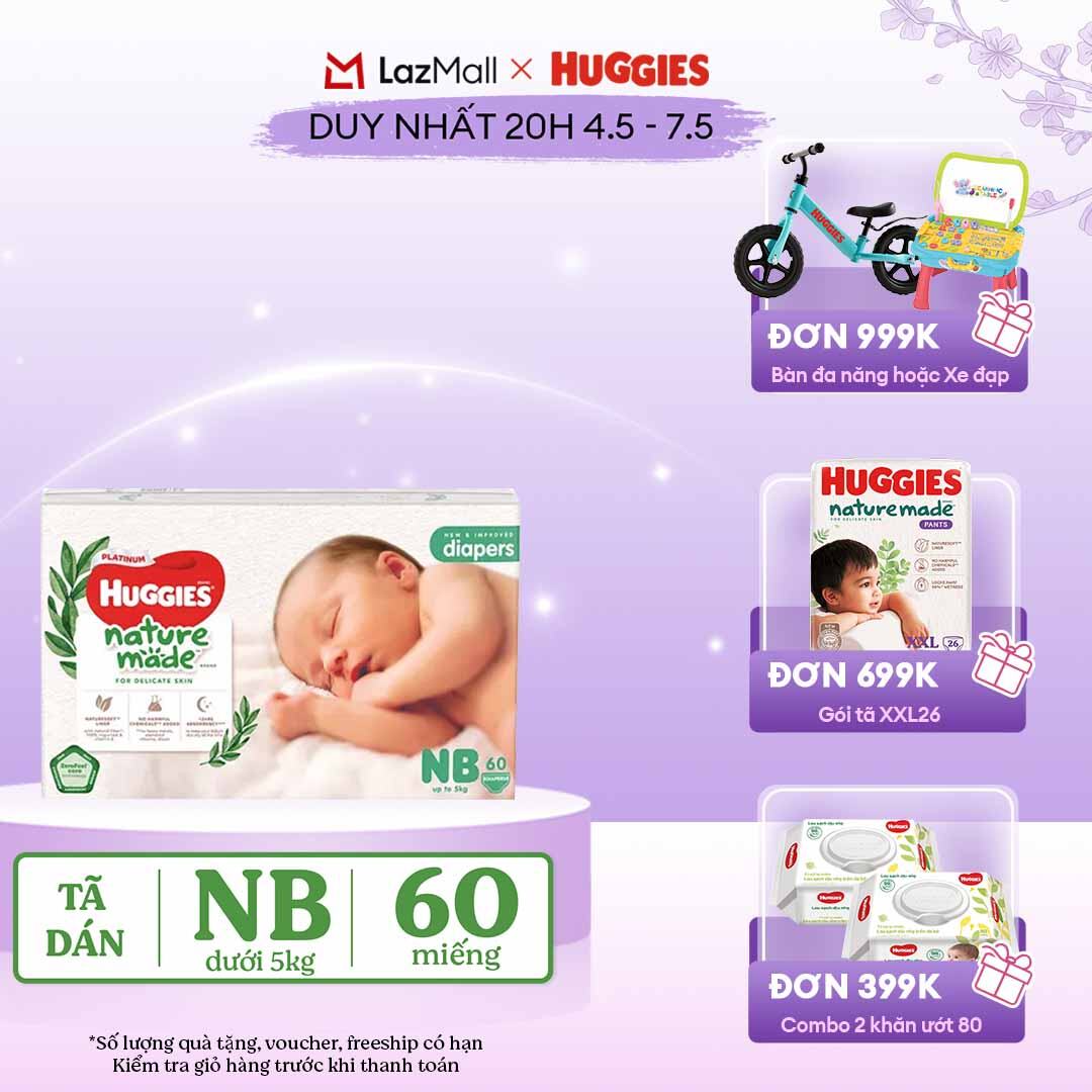 [CHỈ 20h 04-07.05 QUÀ TẶNG ĐƠN 399K](Mua 1 tặng 1)  Tã/Bỉm dán sơ sinh Huggies Platinum NatureMade NB60 (dưới 5kg)-Gói Jumbo 60 miếng
