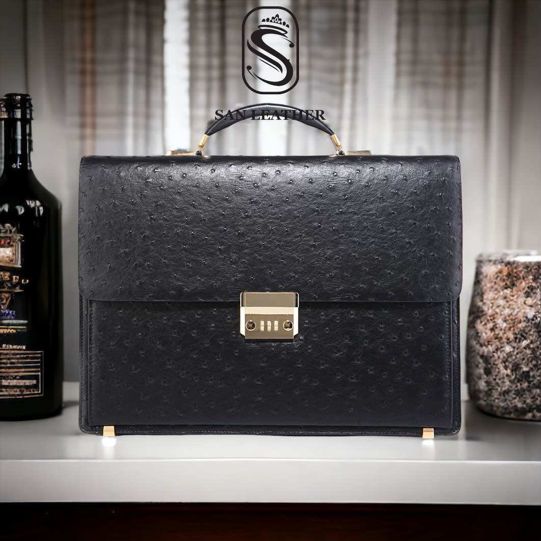 Cặp Da Nam Khóa Số Da Đà Điểu,Túi Xách Da Thật San Leather 9828