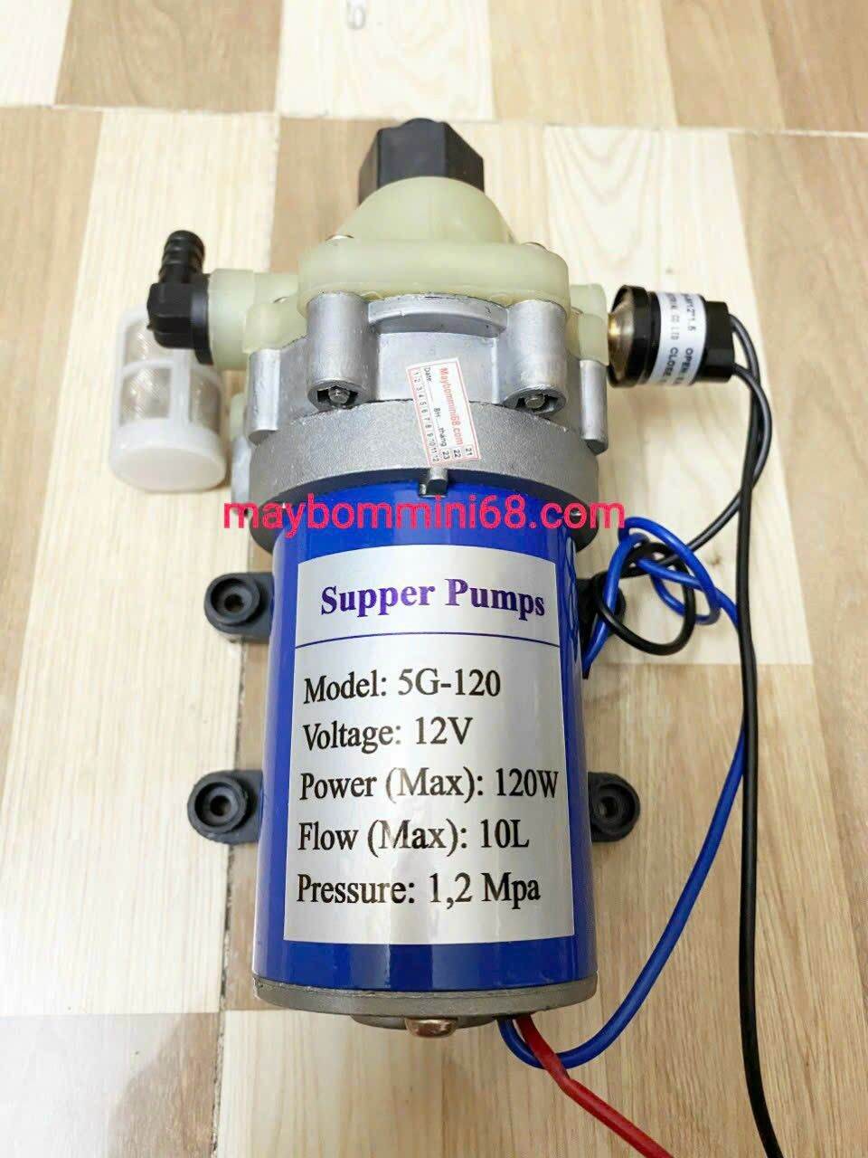 Máy bơm áp lực phun thuốc, rửa xe 12v 120w chạy êm kèm lọc nước , màng bơm