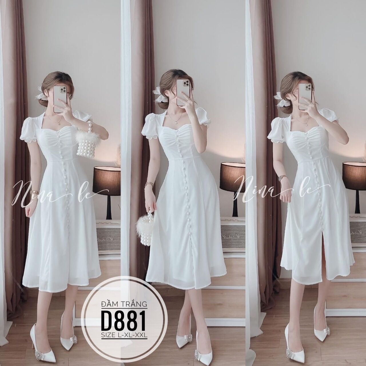 60-90kg Bigsize Đầm trắng nút bọc D881