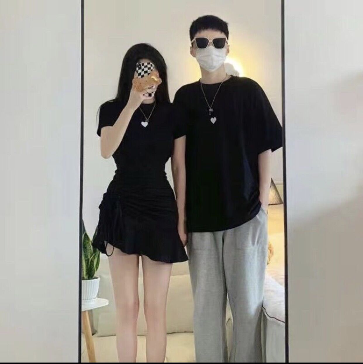 Áo váy thun đôi cổ tròn rút 1 bên eo, in hình tim xinh xắn