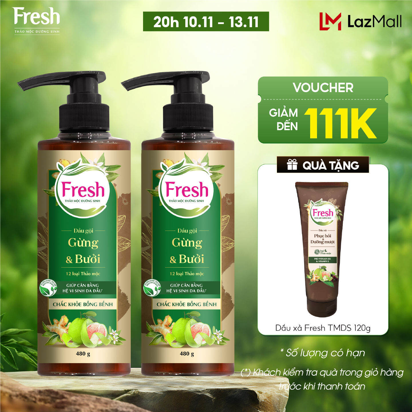 Combo 2 Dầu gội Fresh Thảo mộc dưỡng sinh Chắc khỏe bồng bềnh 480g/chai