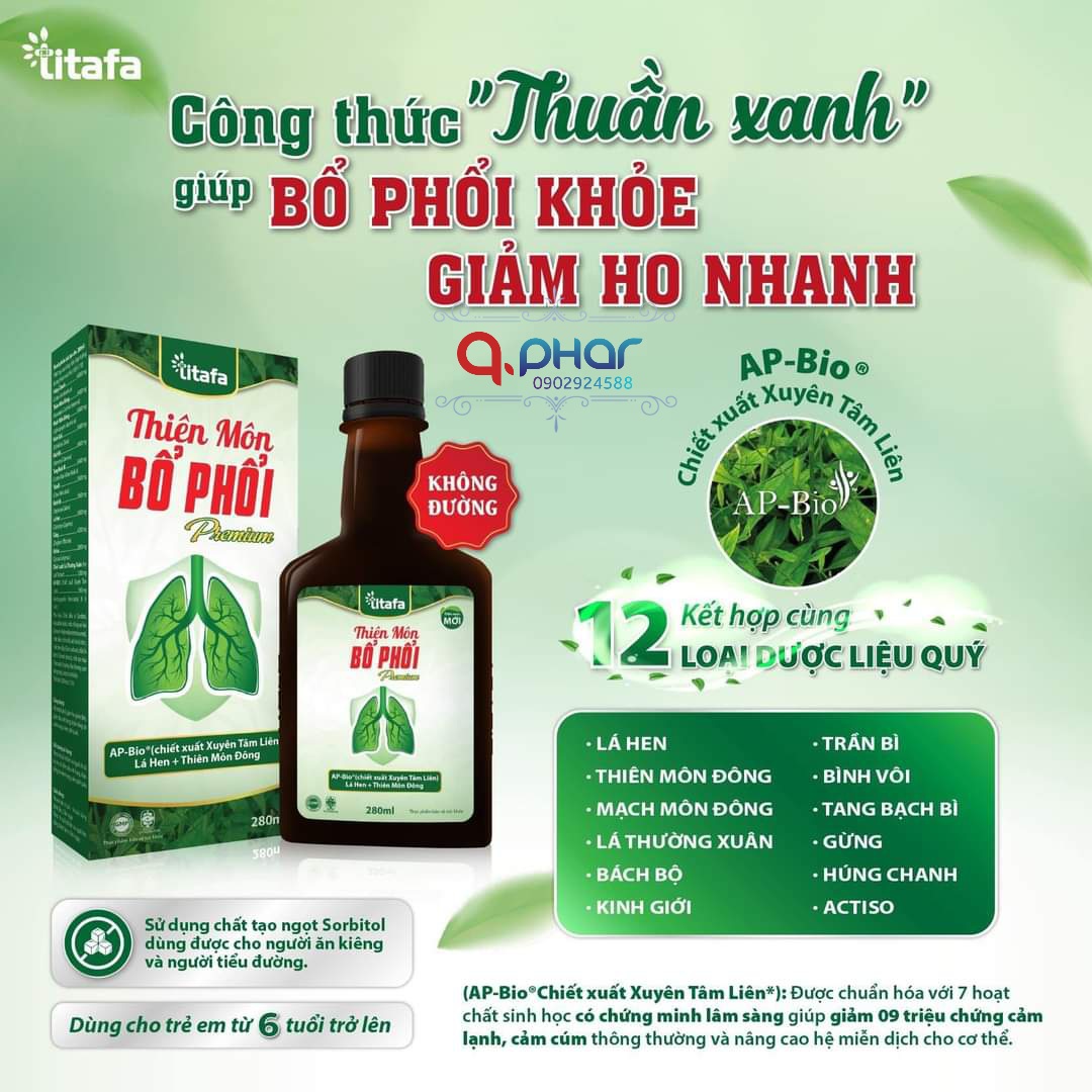 Thiên môn bổ phổi Premium - Giúp bổ phổi, giảm ho, tiêu đàm, đau rát họng - Chai 280ml