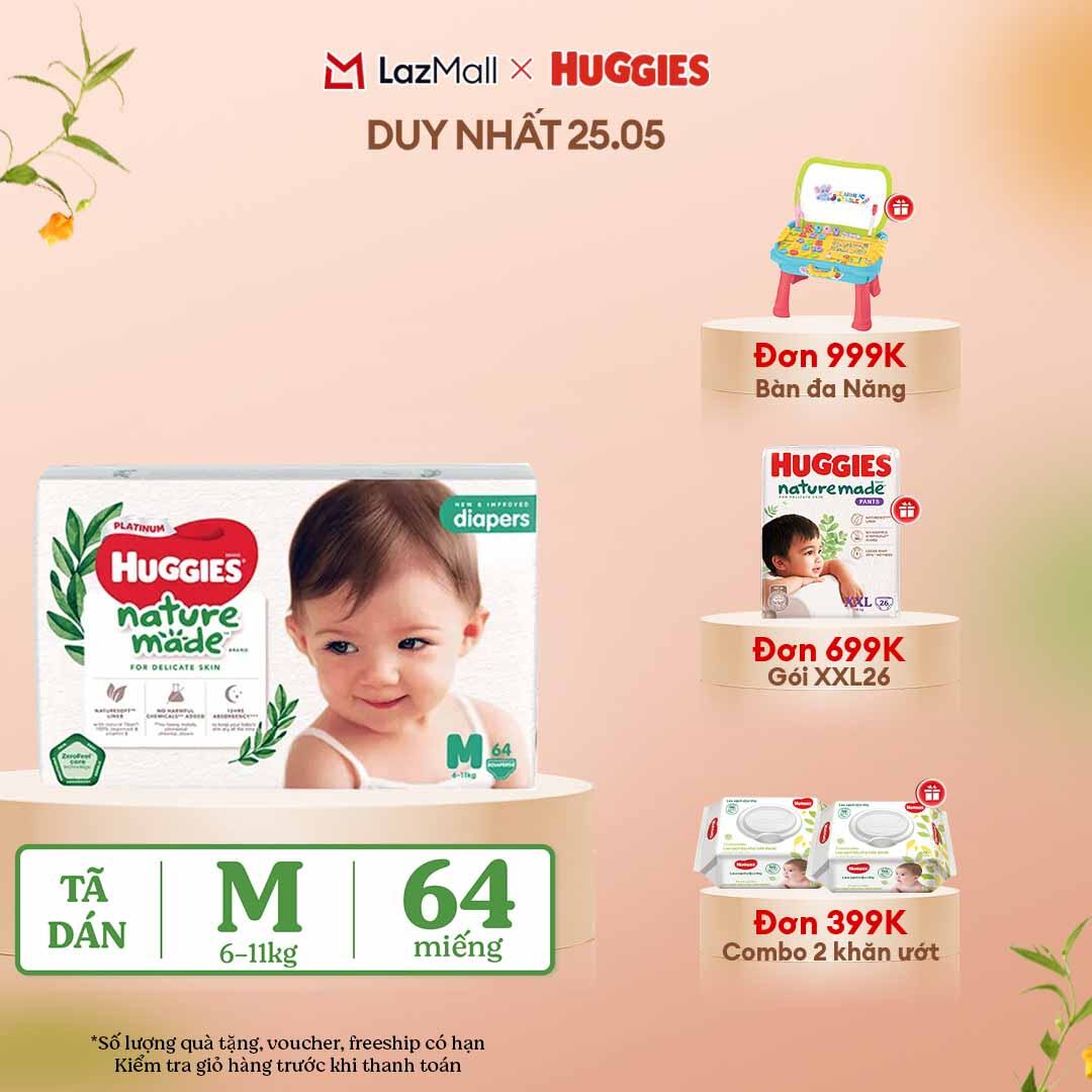 [CHỈ 25-29.05 QUÀ TẶNG ĐƠN 399K](Mua 1 tặng 1)  Tã/Bỉm dán HUGGIES PLATINUM NatureMade M64 (6-11kg)-Gói Jumbo 64 miếng