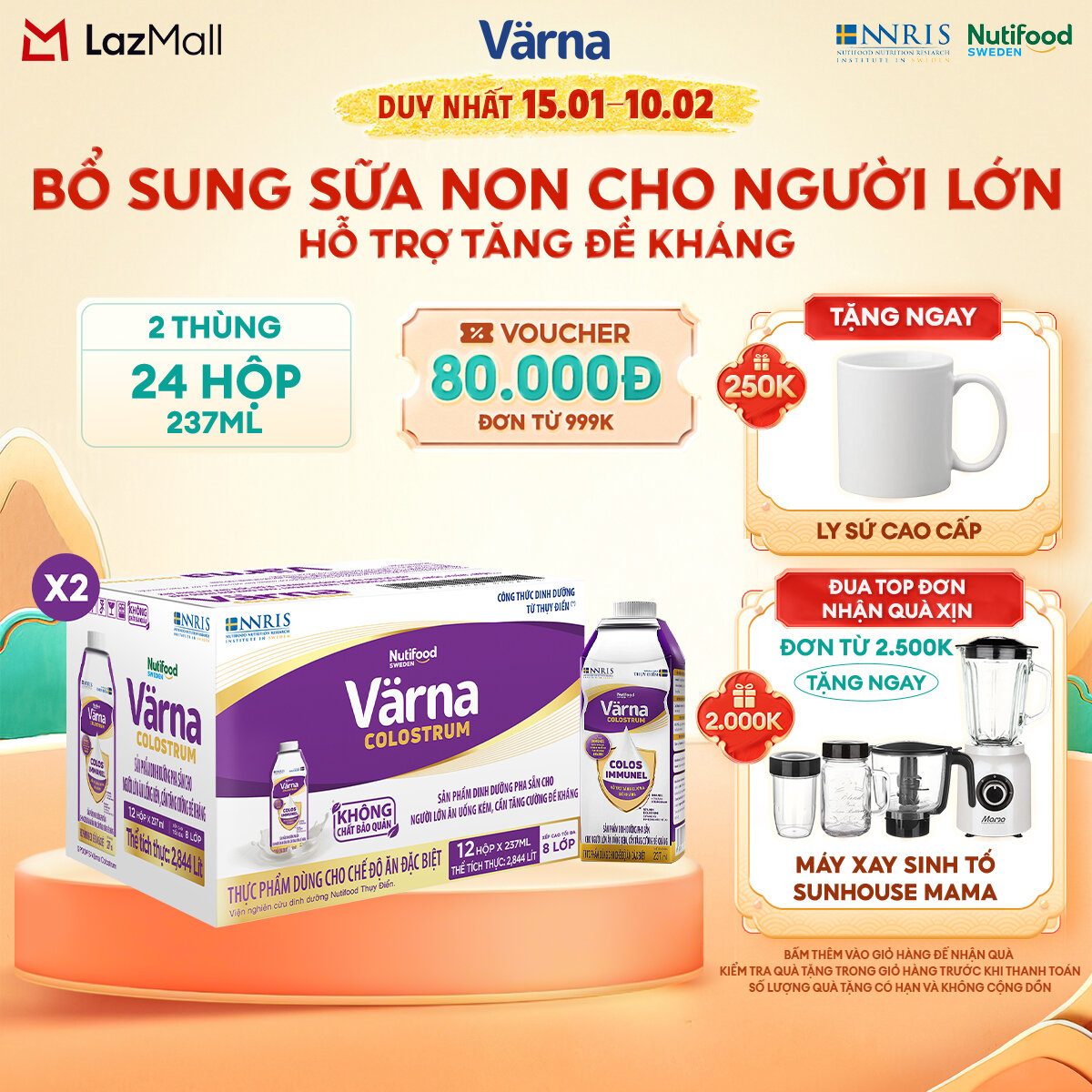 Combo 2 Thùng 12 hộp sữa bột pha sẵn Varna Colostrum (24 hộp giấy x 237ml) - Sữa non cho người lớn T