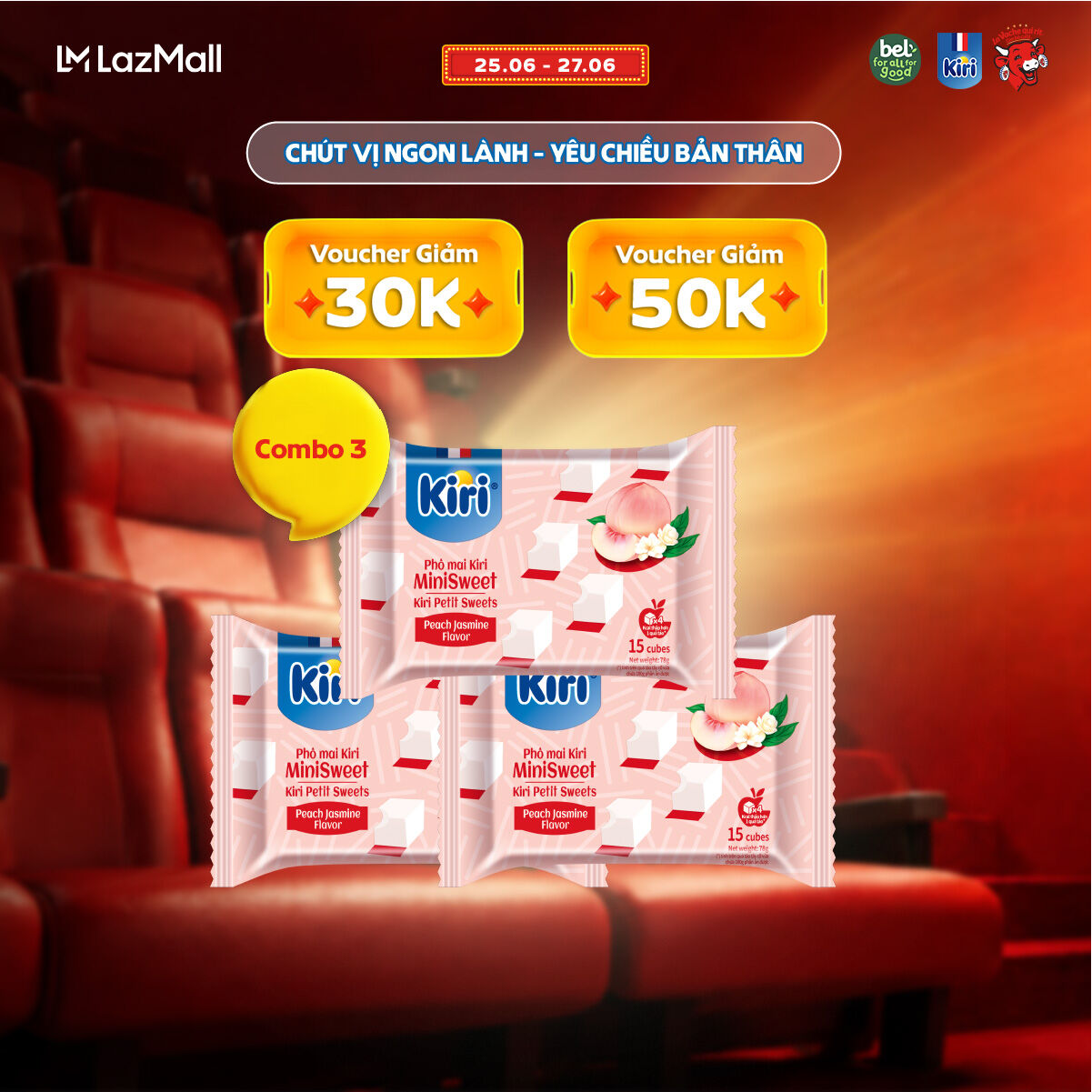 Combo 3 Phô mai Kiri vị đào hoa nhài 15C 78g