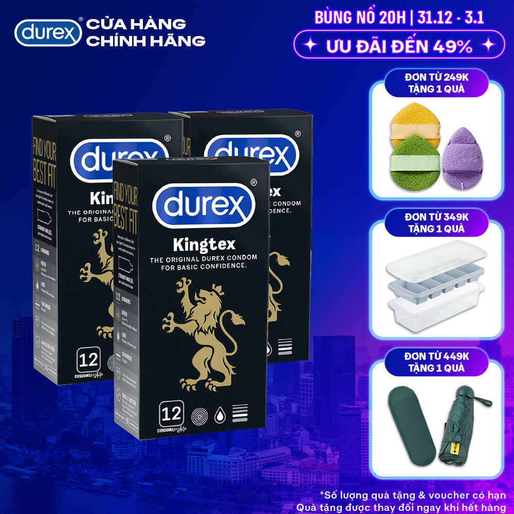  Bộ 3 hộp bao cao su Durex Kingtex ôm sát bôi trơn  size 49mm 12 bao hộp  