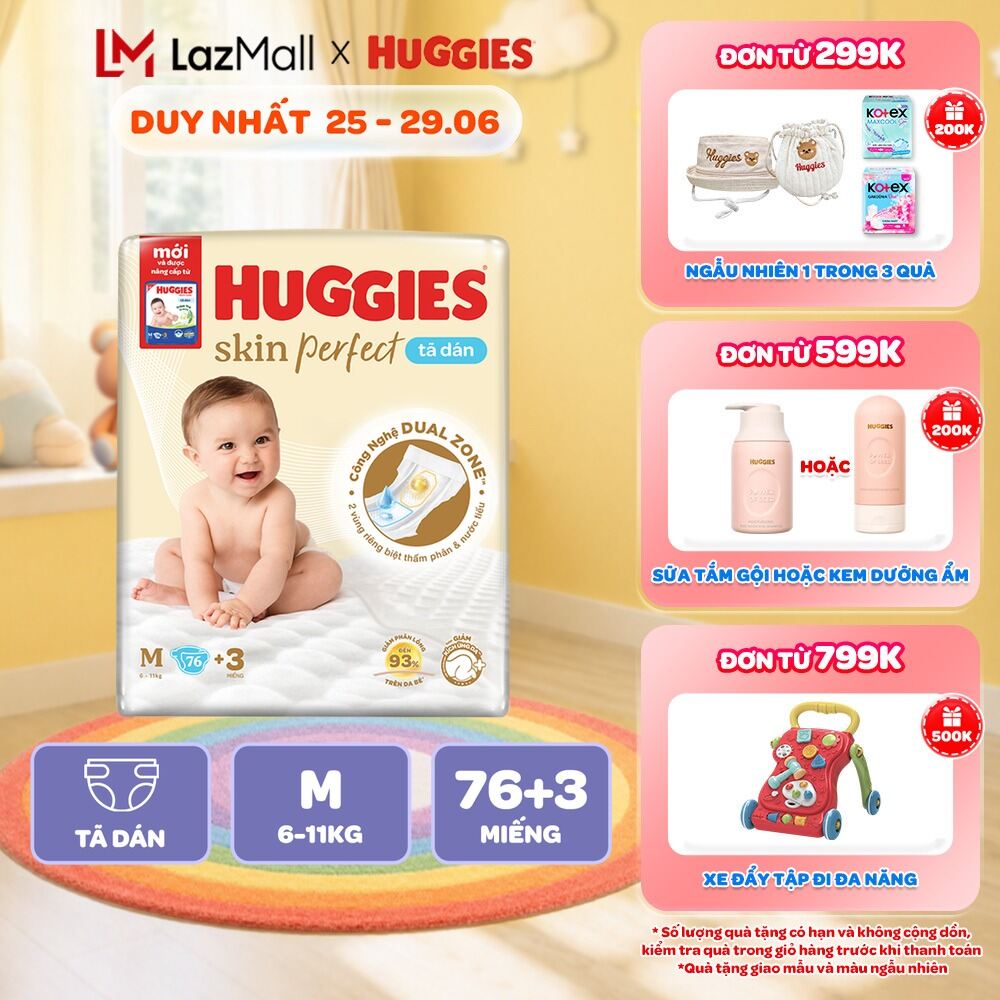 Tã/Bỉm Dán Sơ sinh Huggies Skincare Super Jumbo M76+3/L68/XL60/XXL54 Với 2 Vùng Thấm Giảm Kích Ứng Da