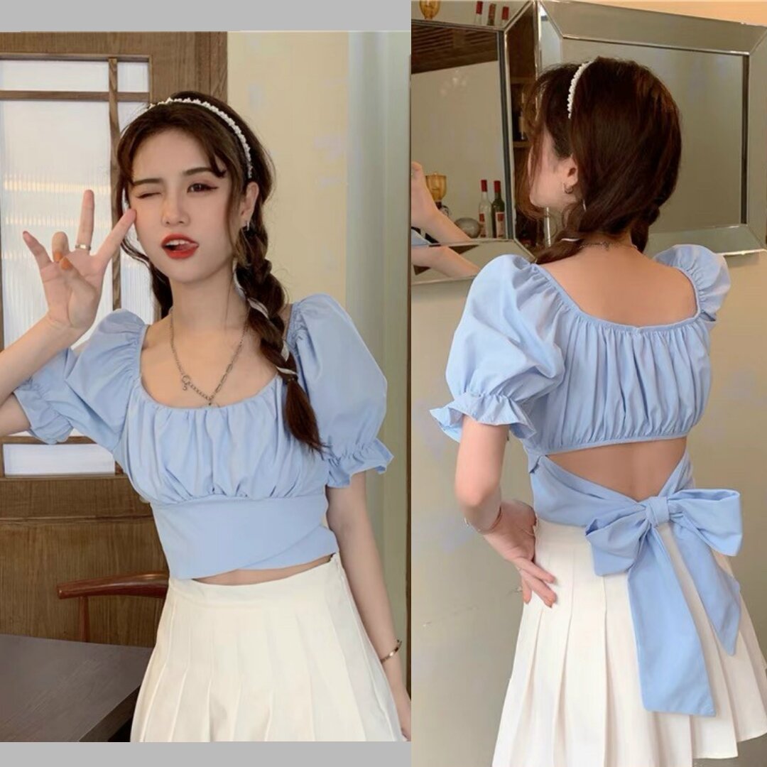Áo tay phồng dây cột eo croptop