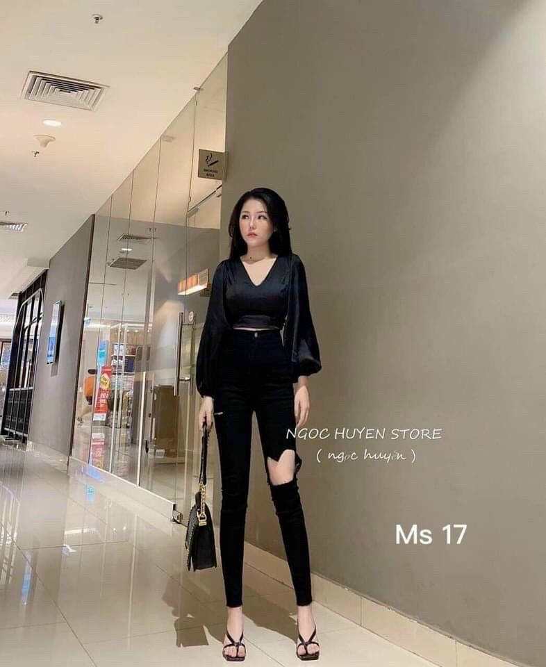 Quần Skinny Lưng Cao Co Giãn Rách Ô