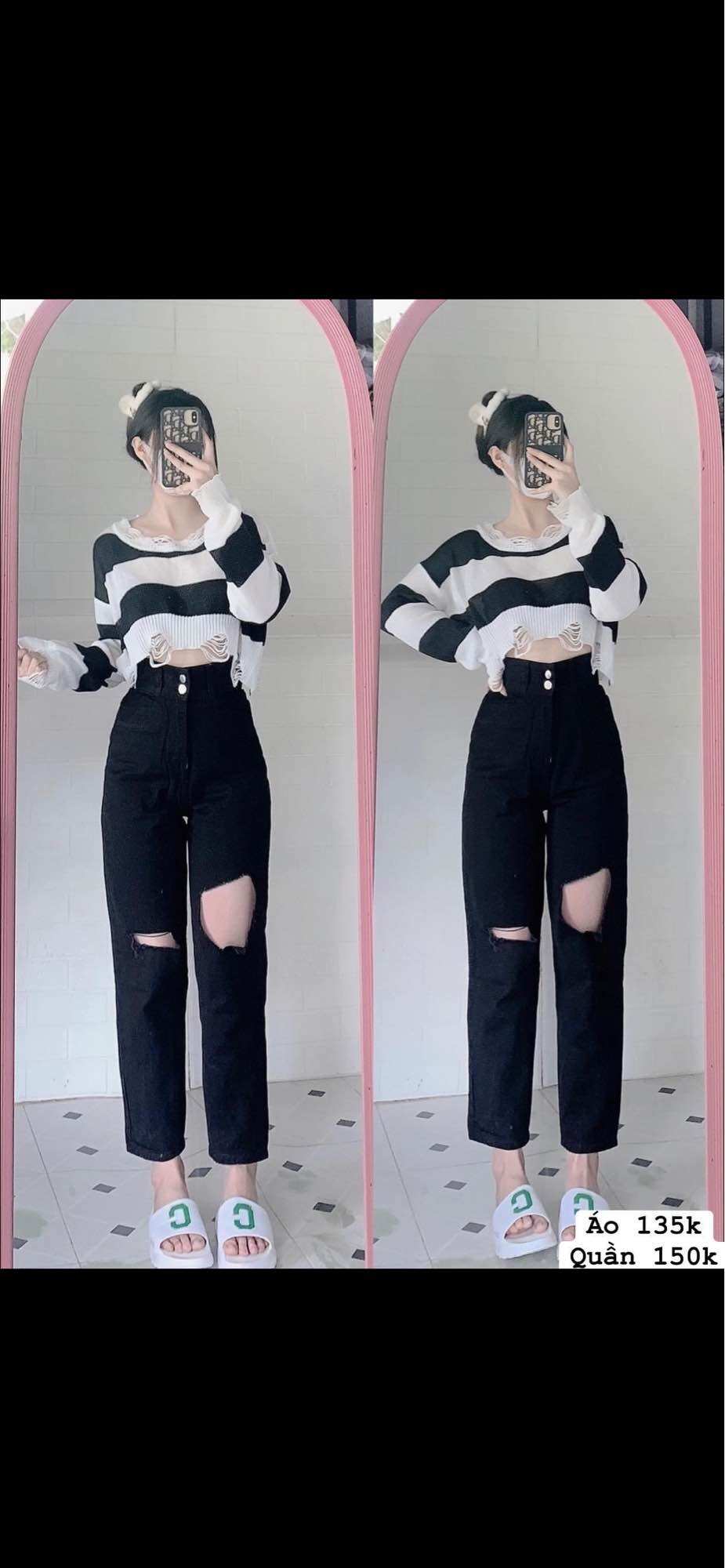 Baggy jeans 2 nút rách ô