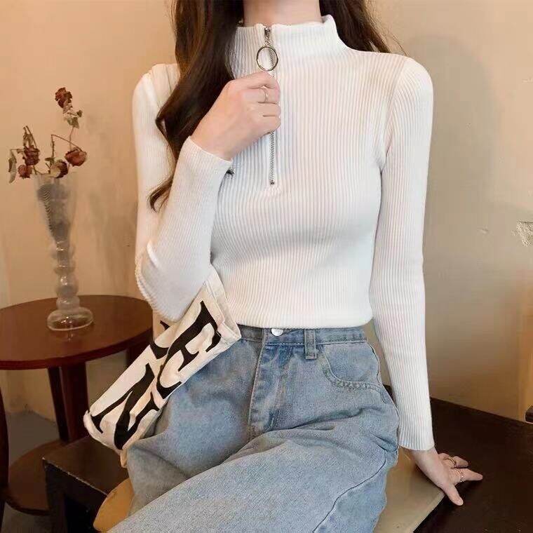Áo Len Dệt Kim Dài Tay Ôm Vừa Vặn Thời Trang Thu Đông Phong Cách Hàn Quốc Dành Cho Nữ Cổ Cao Có Khóa Kéo Áo Sơ Mi Cơ Bản