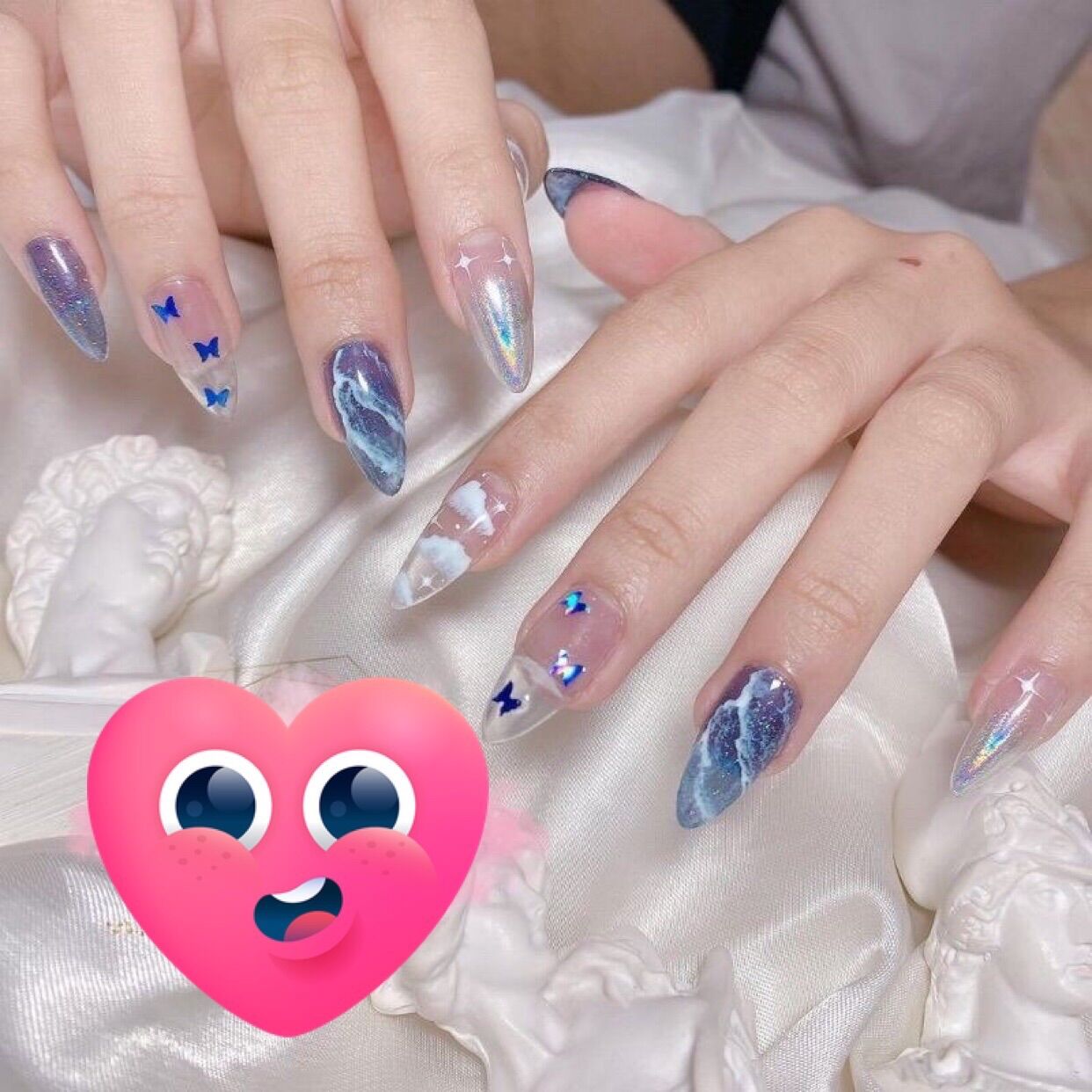 NAILBOX A1 Móng úp tay thiết kế sẵn / móng tay giả phối xanh nước biển & đám mây