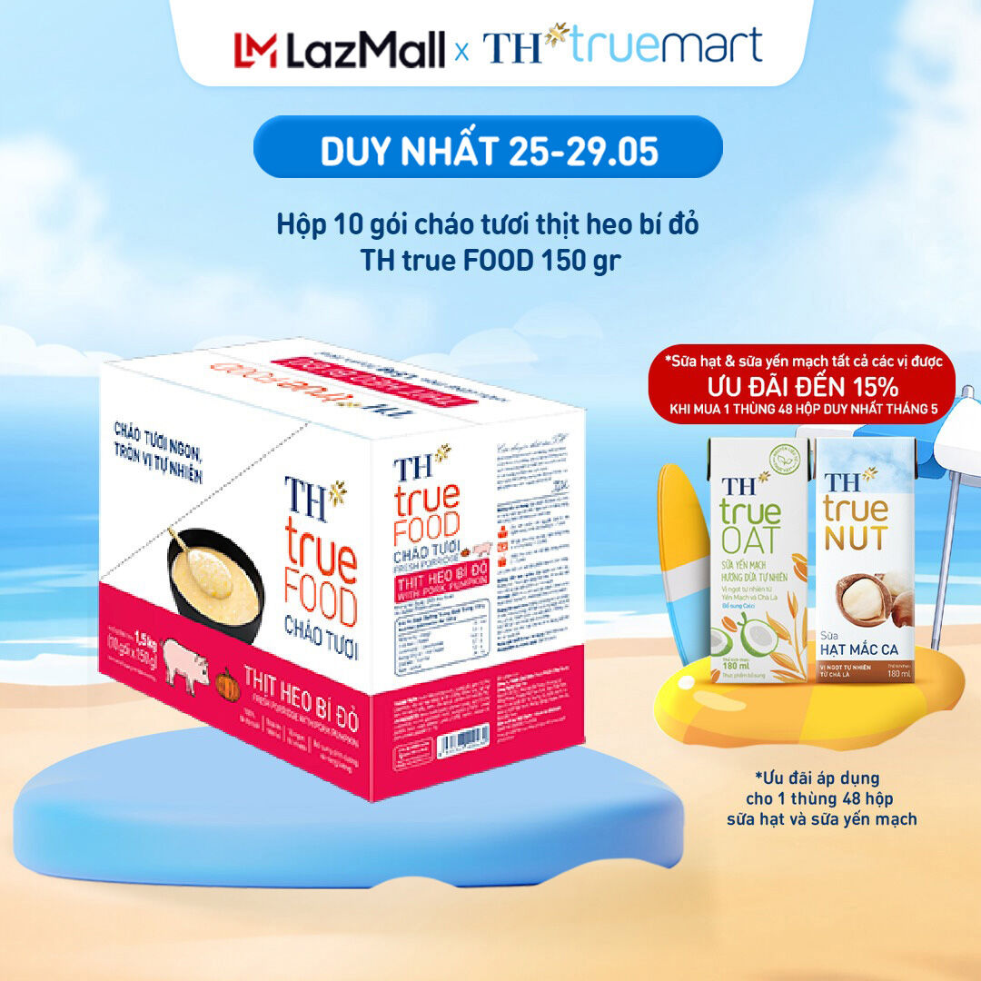 Hộp 10 gói cháo tươi thịt heo bí đỏ TH true FOOD 150 g (150 g x10 gói)