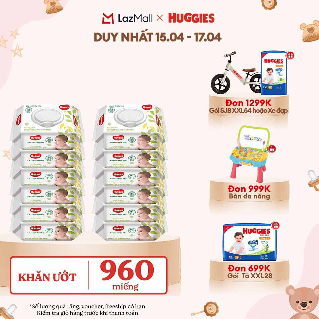 [CHỈ 18-24.04 GIẢM THÊM 90K] Thùng khăn giấy ướt 12 gói Huggies 80 miếng không mùi