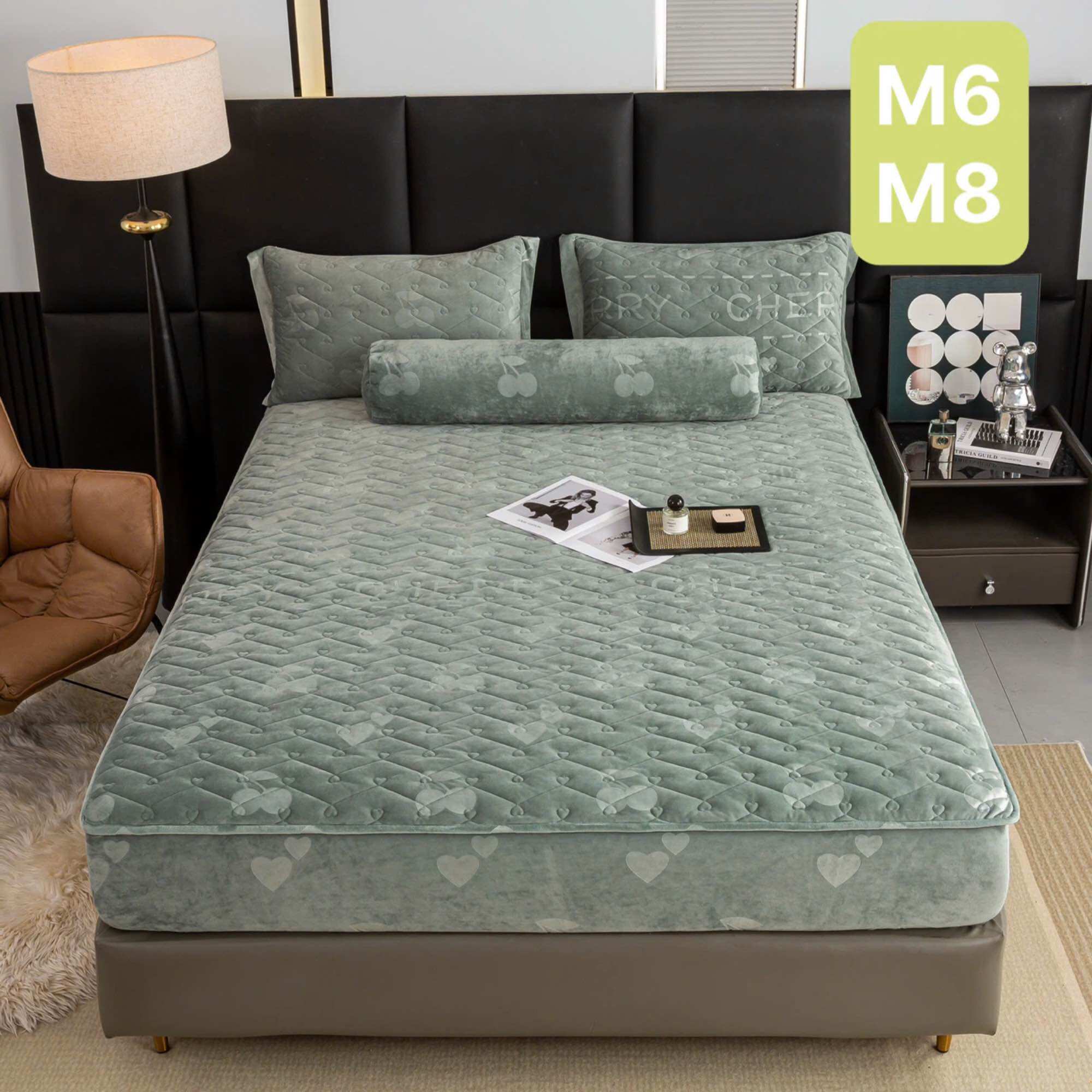 Bộ ga gối nỉ nhung lông thỏ họa tiết vân chìm sang trọng chất nhung lì, mềm mại ấm áp gồm 4 món ga chun trần 1m8x2m