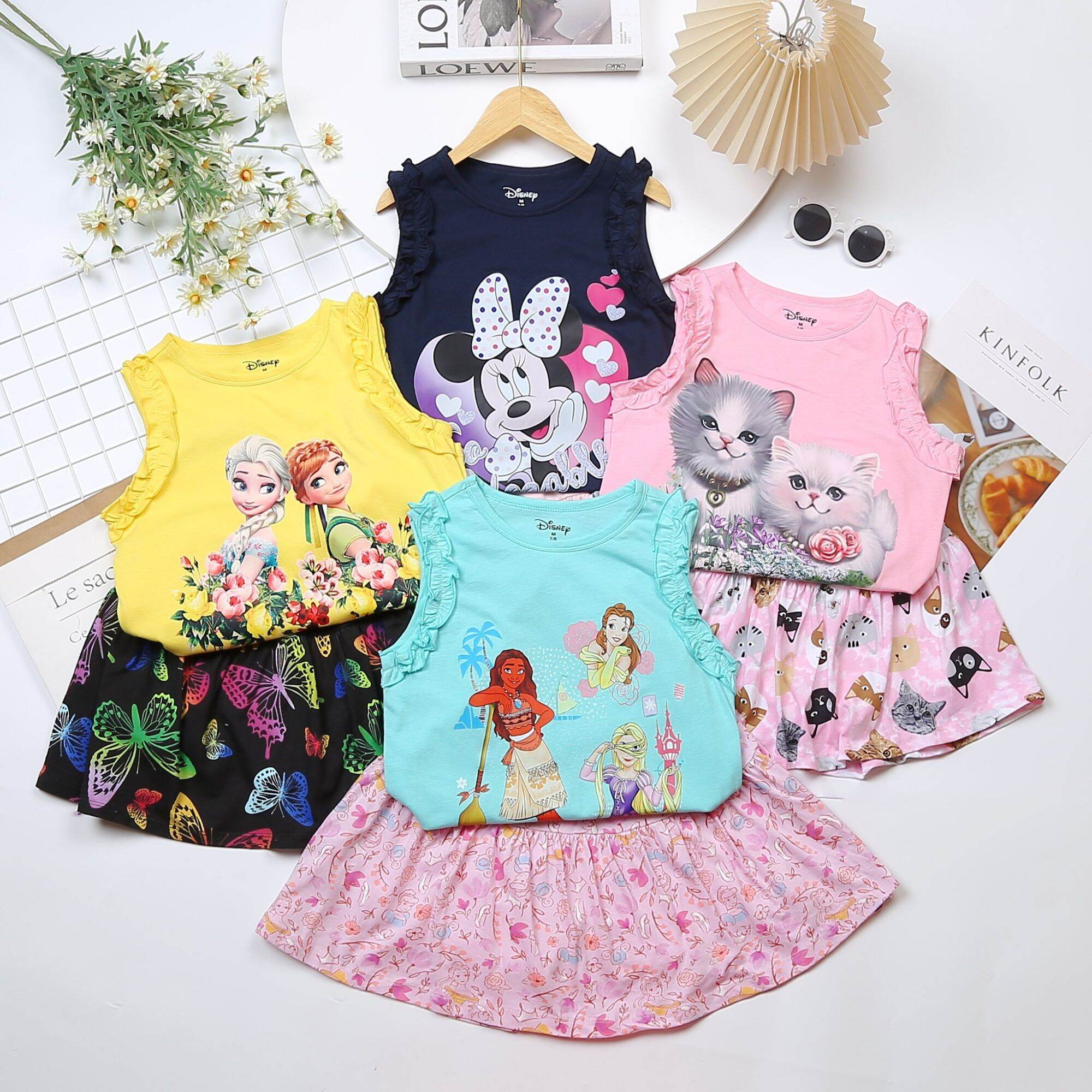 Bộ thun bé gái, sét áo kèm chân váy bé gái Disney in hình 3D size đại 18-45KG